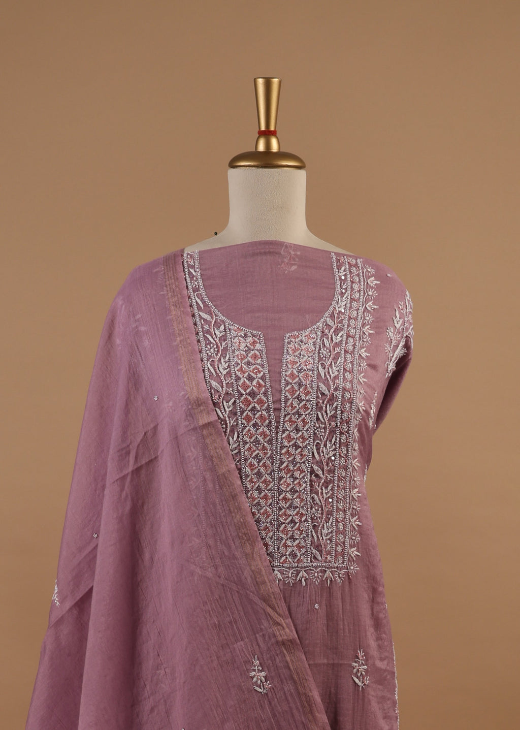 Lavender Chikankari Embroidered Unstitched 2-Piece Suit Set in Mul Chanderi