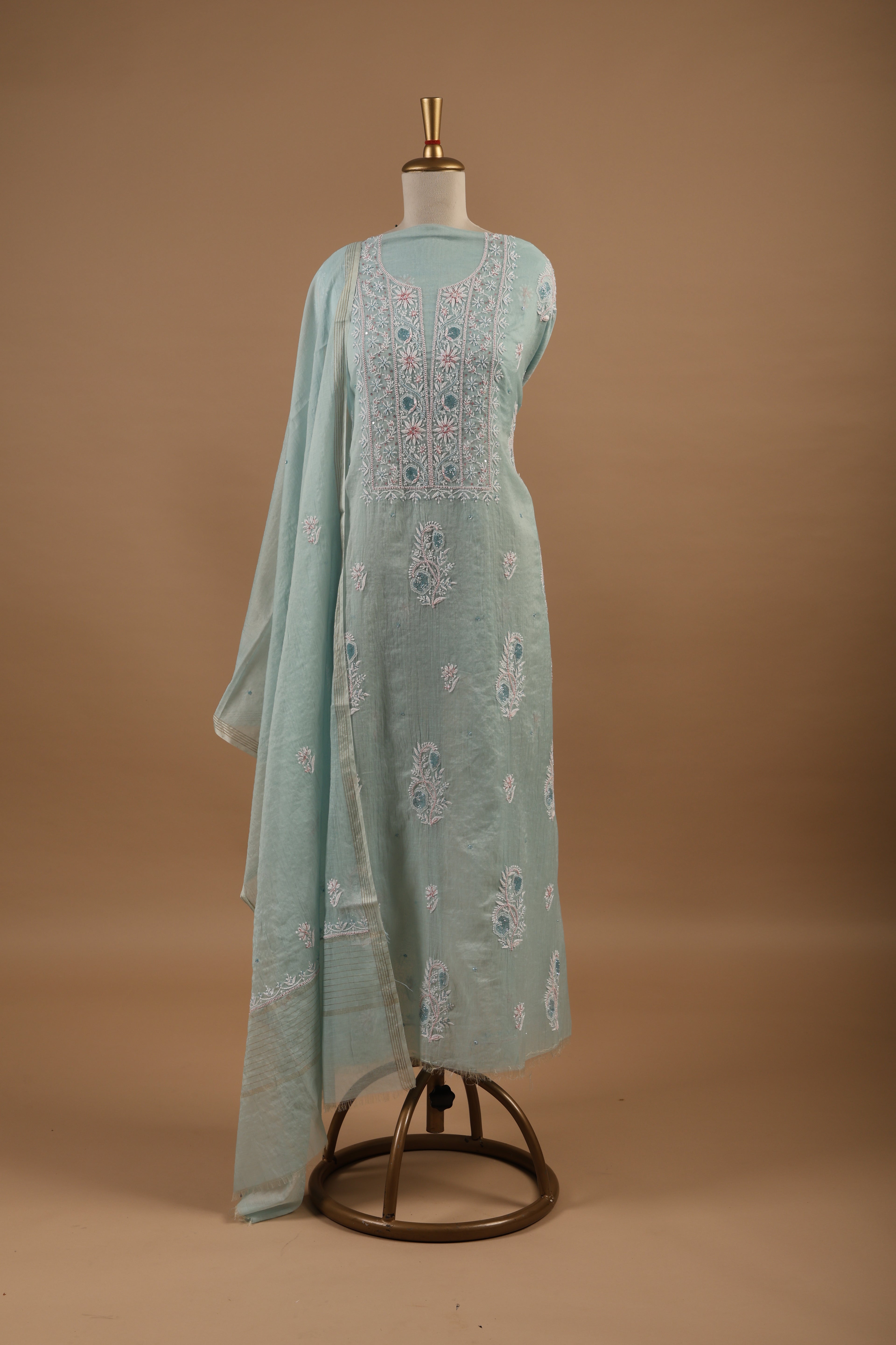 Sea GREEN CHIKANKARI SUIT IN MUL CHANDERI