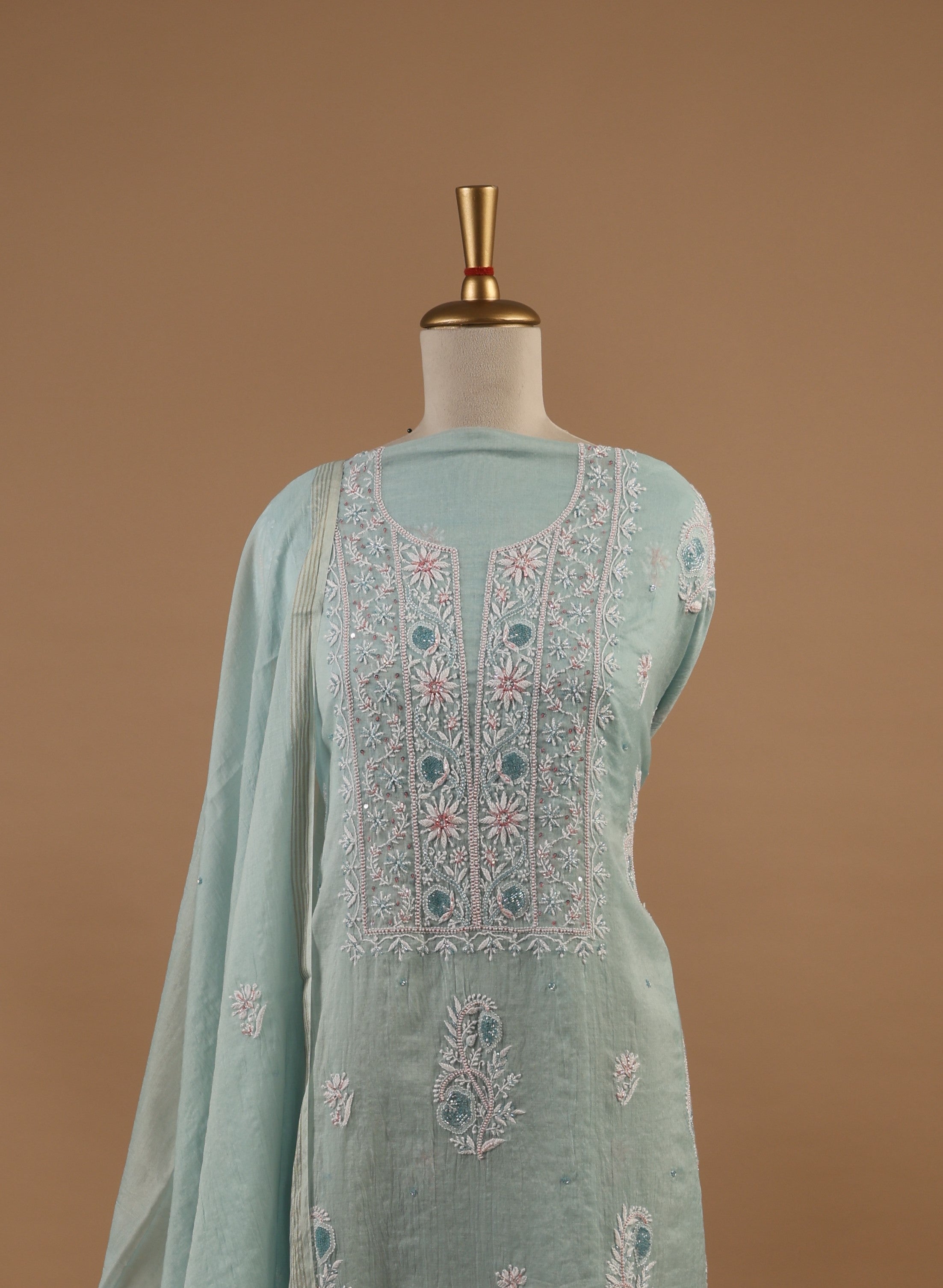 Sea GREEN CHIKANKARI SUIT IN MUL CHANDERI