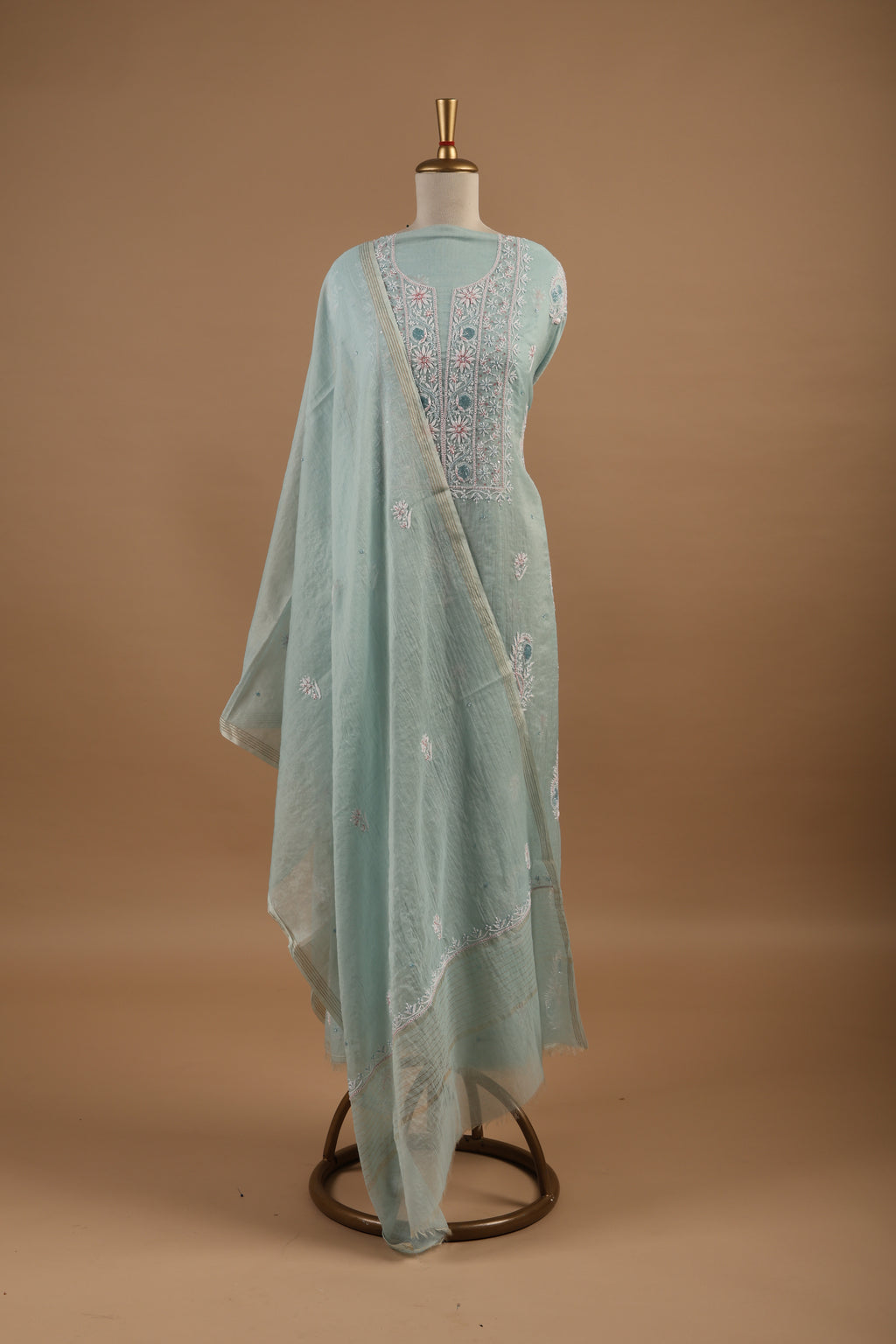 Sea GREEN CHIKANKARI SUIT IN MUL CHANDERI