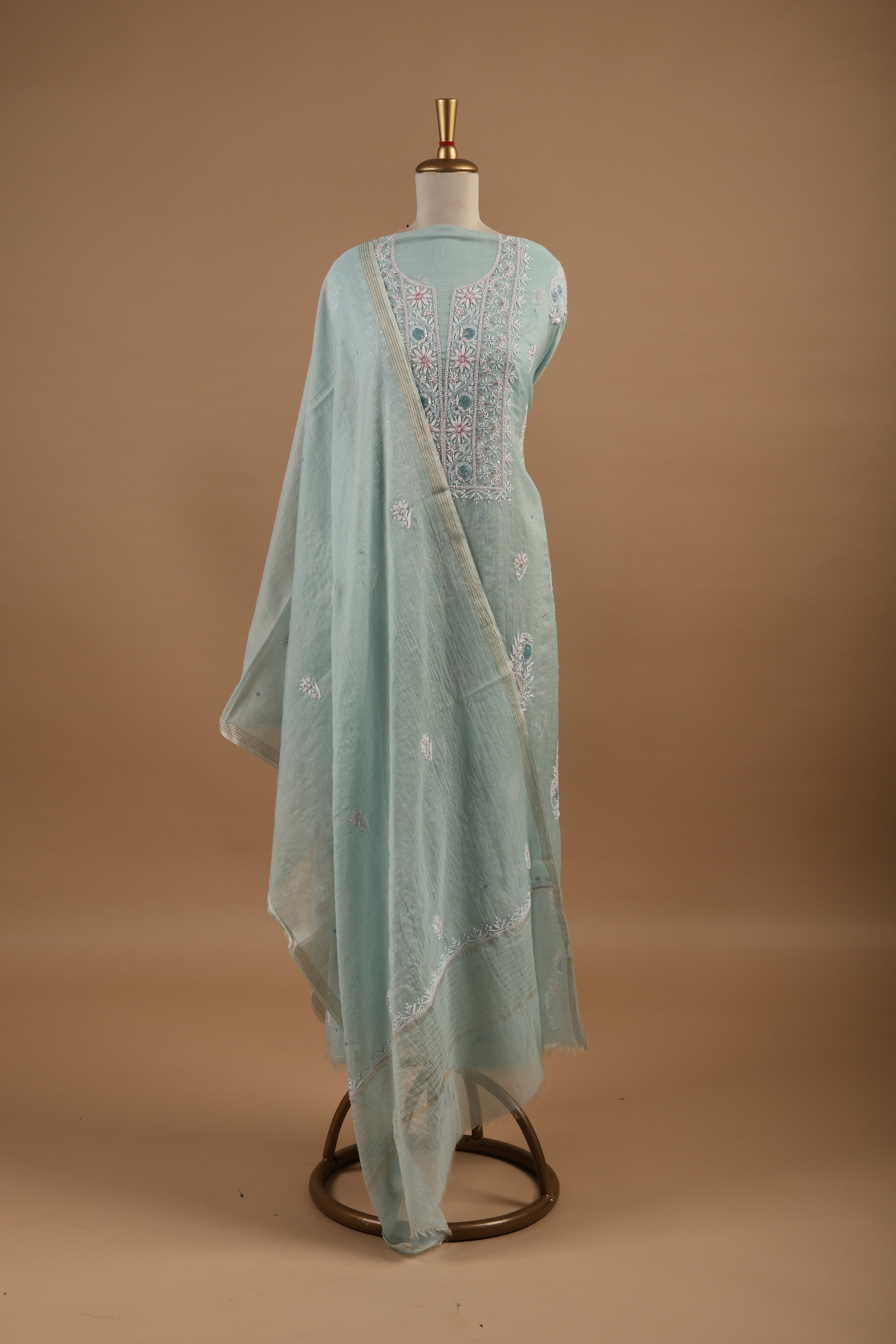 Sea GREEN CHIKANKARI SUIT IN MUL CHANDERI
