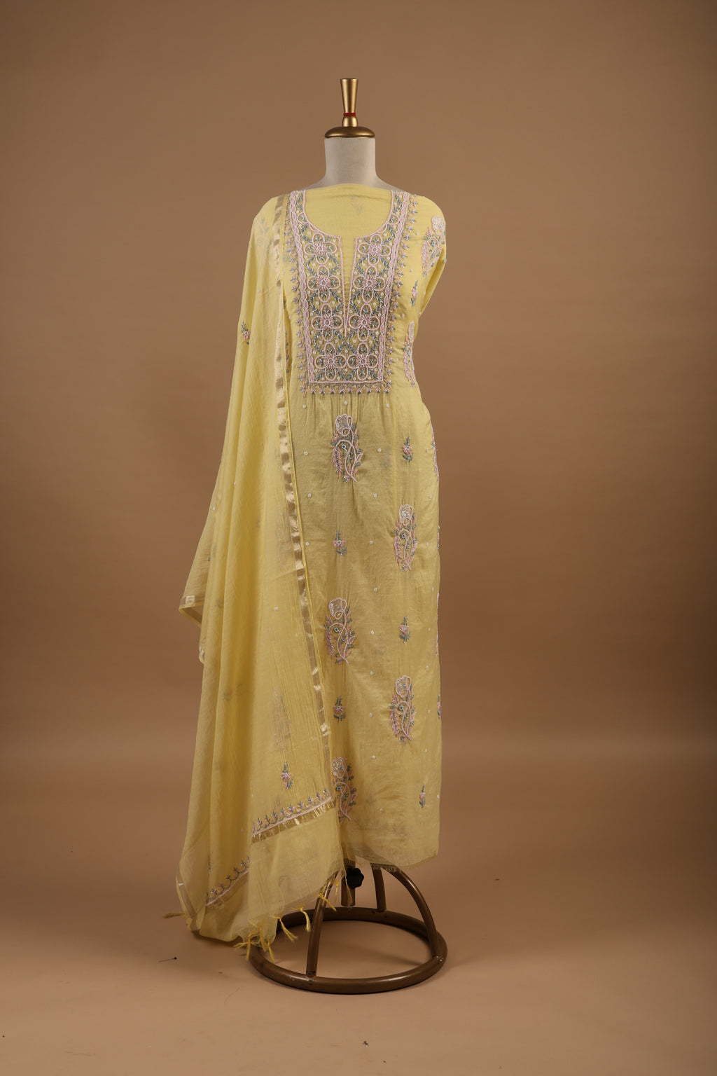 Lemon Yellow Chikankari Embroidered Unstitched 2-Piece Suit Set in Mul Chanderi