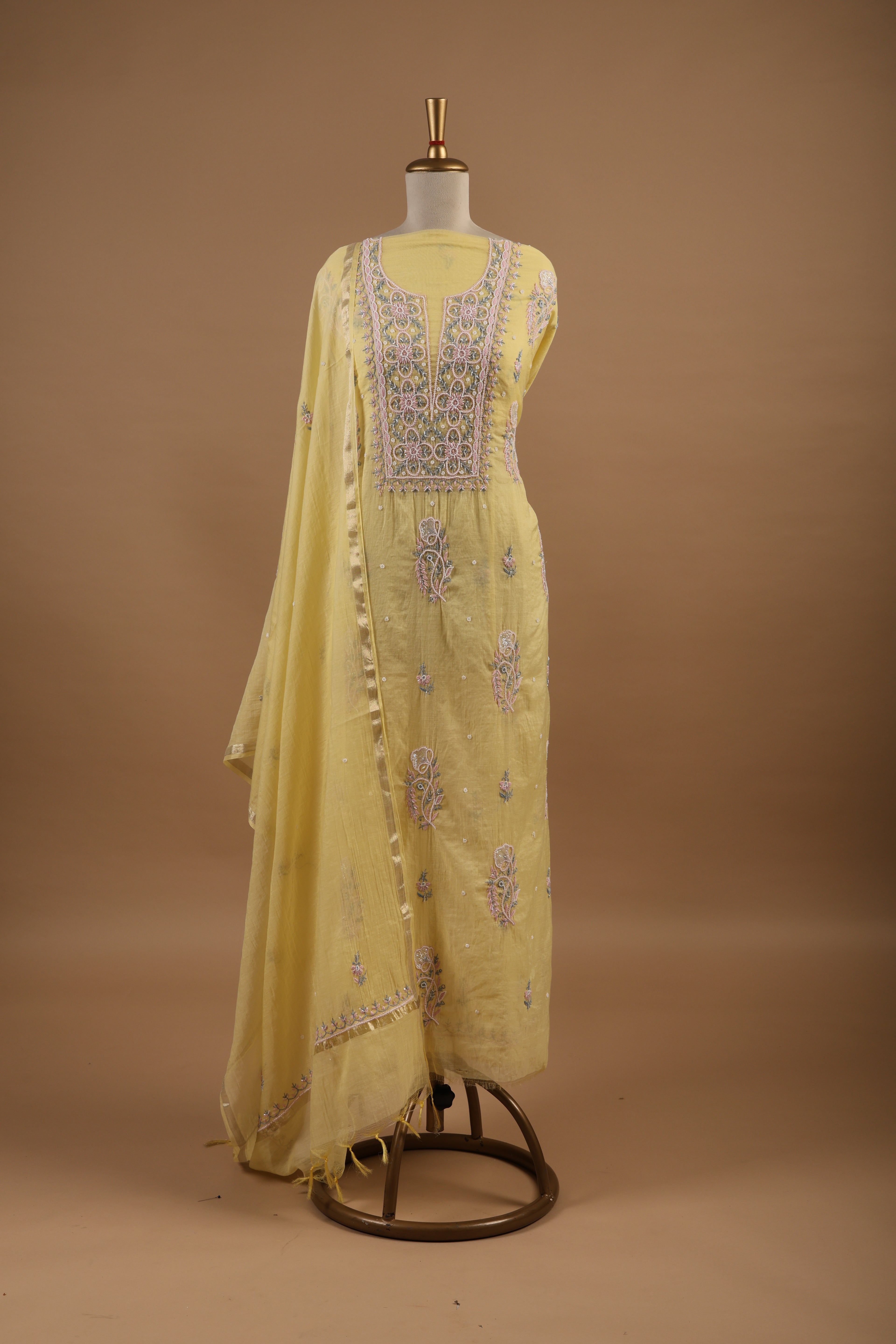 Lemon Yellow Chikankari Embroidered Unstitched 2-Piece Suit Set in Mul Chanderi