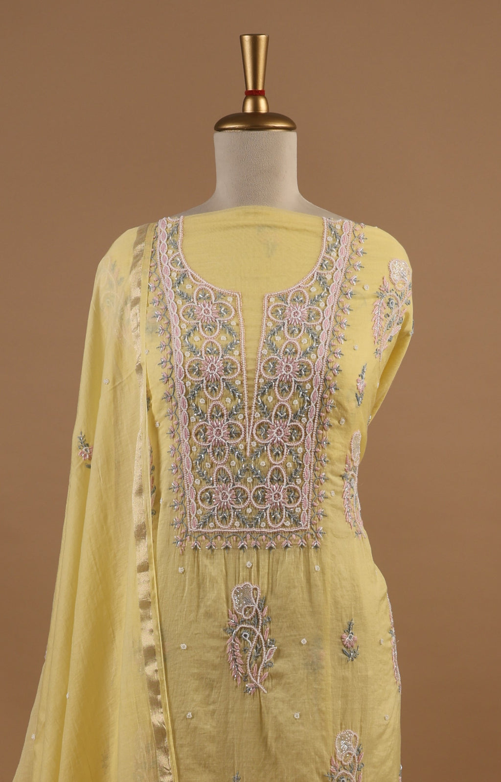Lemon Yellow Chikankari Embroidered Unstitched 2-Piece Suit Set in Mul Chanderi