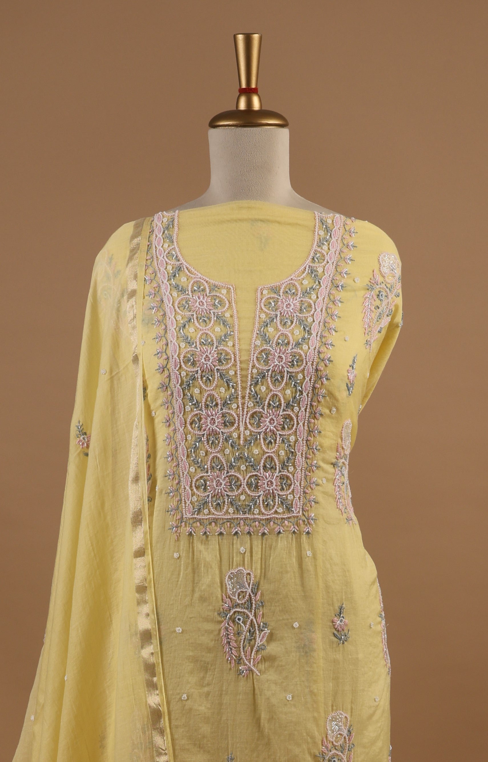 Lemon Yellow Chikankari Embroidered Unstitched 2-Piece Suit Set in Mul Chanderi