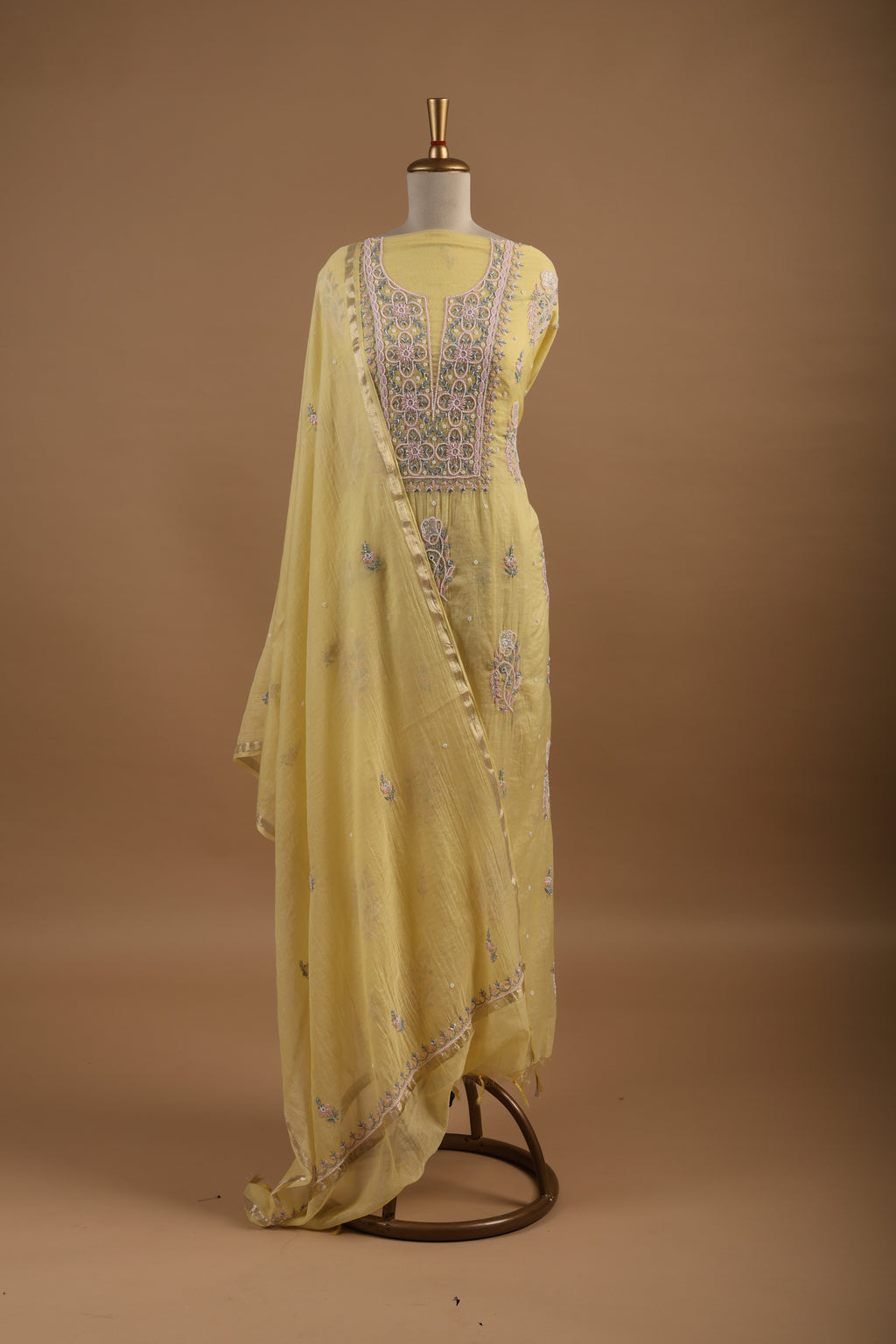 Lemon Yellow Chikankari Embroidered Unstitched 2-Piece Suit Set in Mul Chanderi