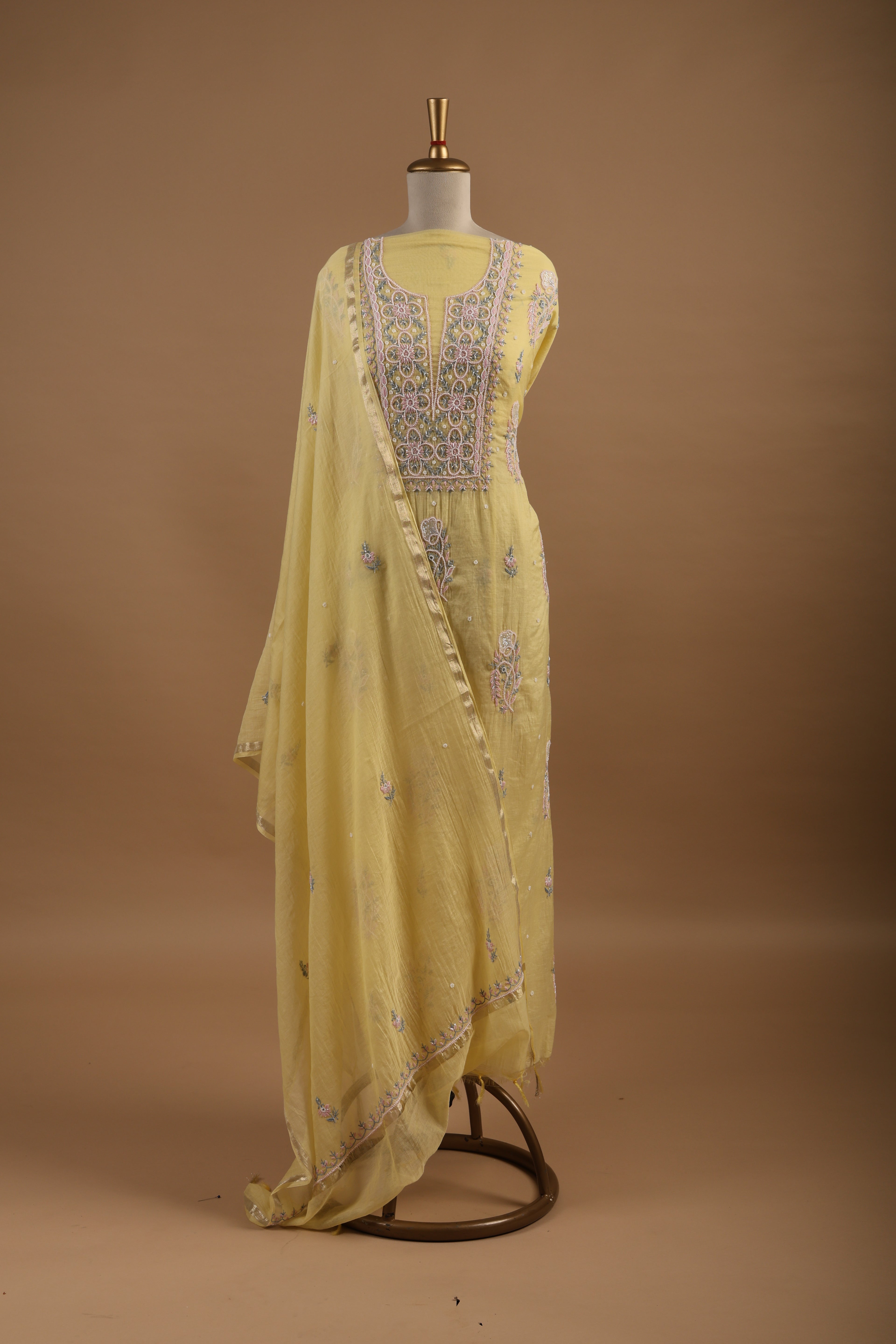 Lemon Yellow Chikankari Embroidered Unstitched 2-Piece Suit Set in Mul Chanderi