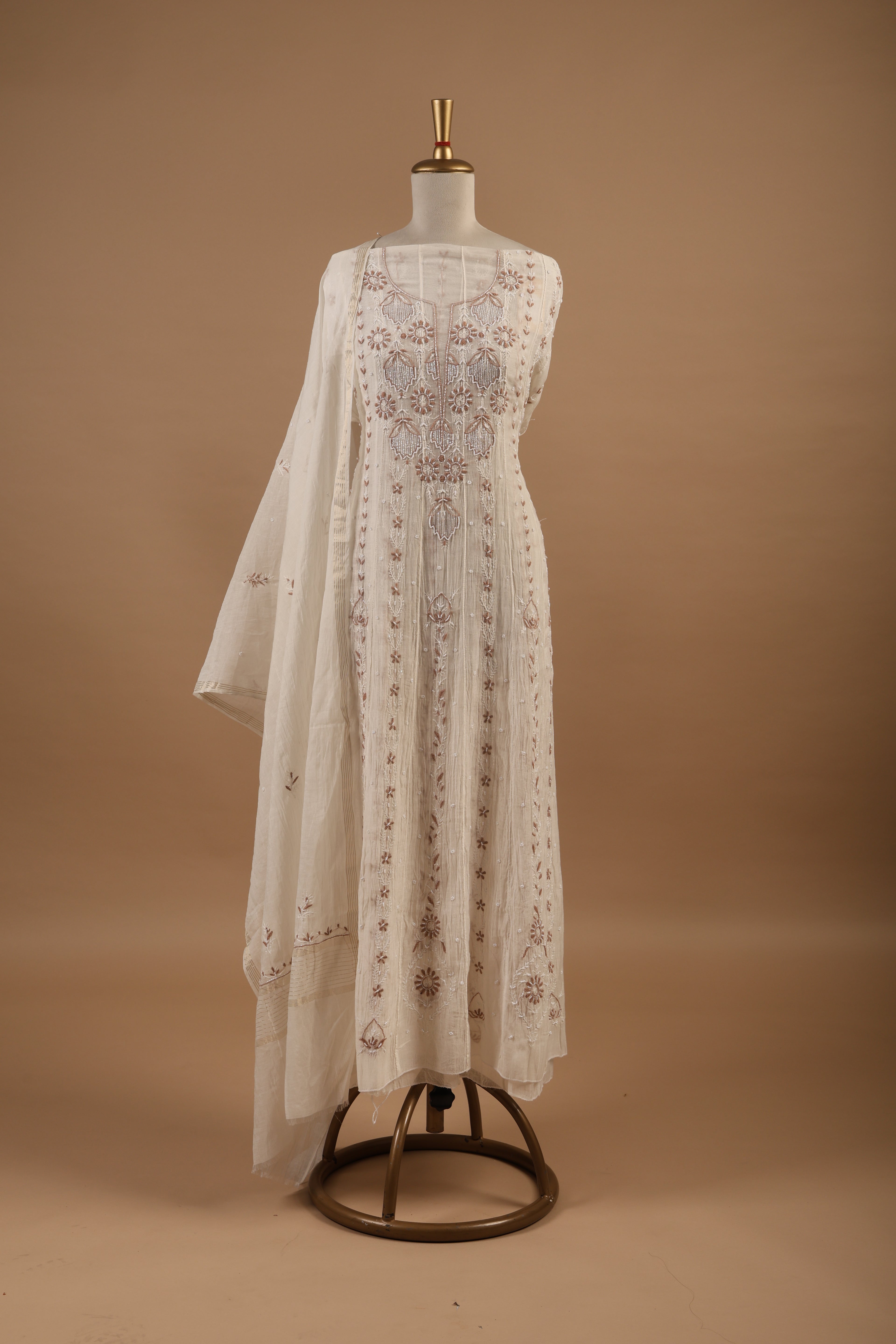 White Anarkali Style Chikankari Unstitched 2-Piece Suit Set with Brown Embroidery