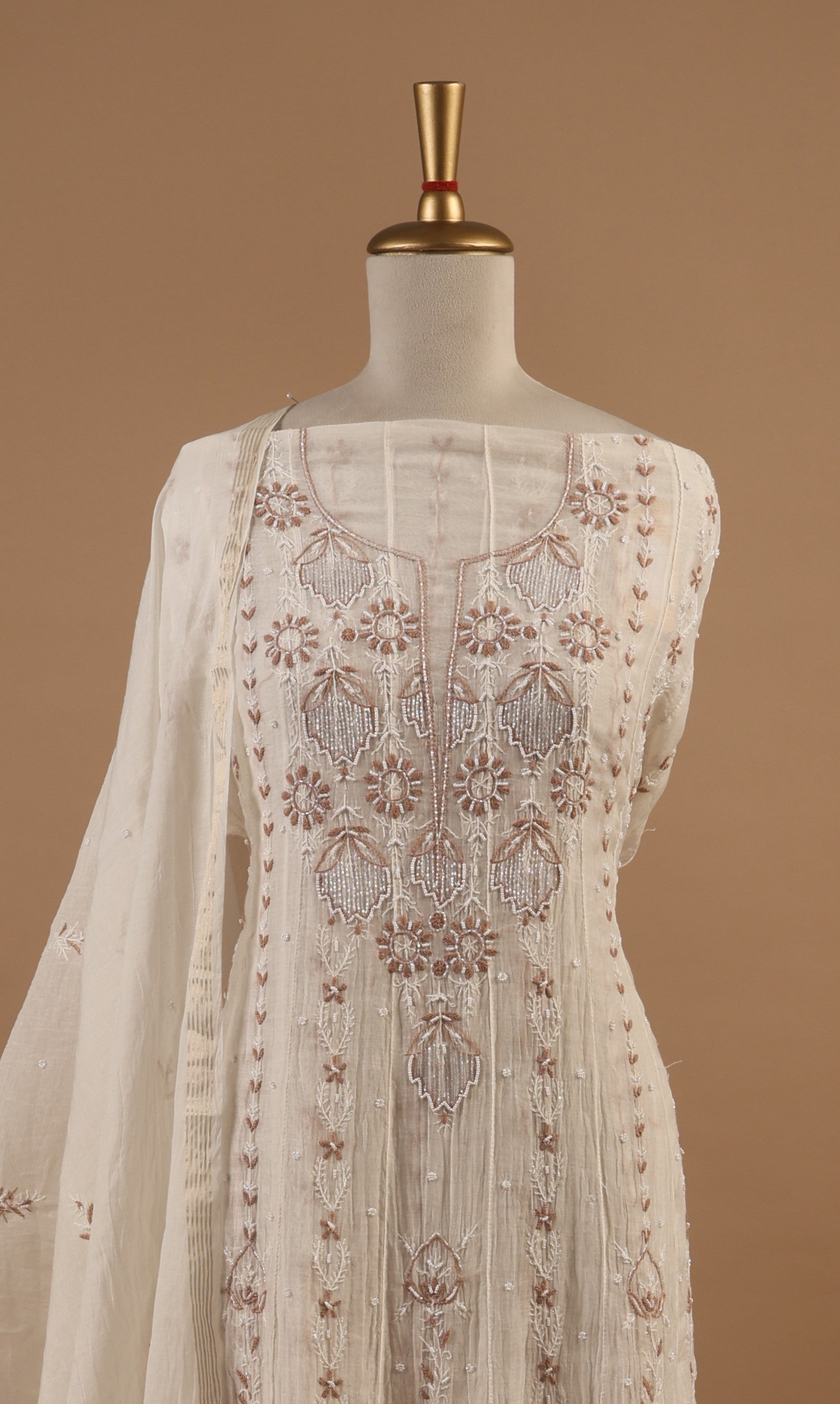 White Anarkali Style Chikankari Unstitched 2-Piece Suit Set with Brown Embroidery