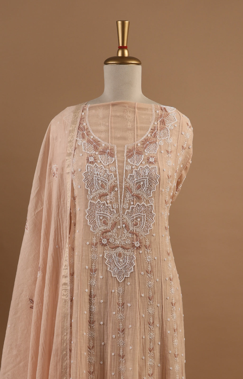 Peach Chikankari Anarkali Unstitched 2-Piece Suit Set in Mul Chanderi