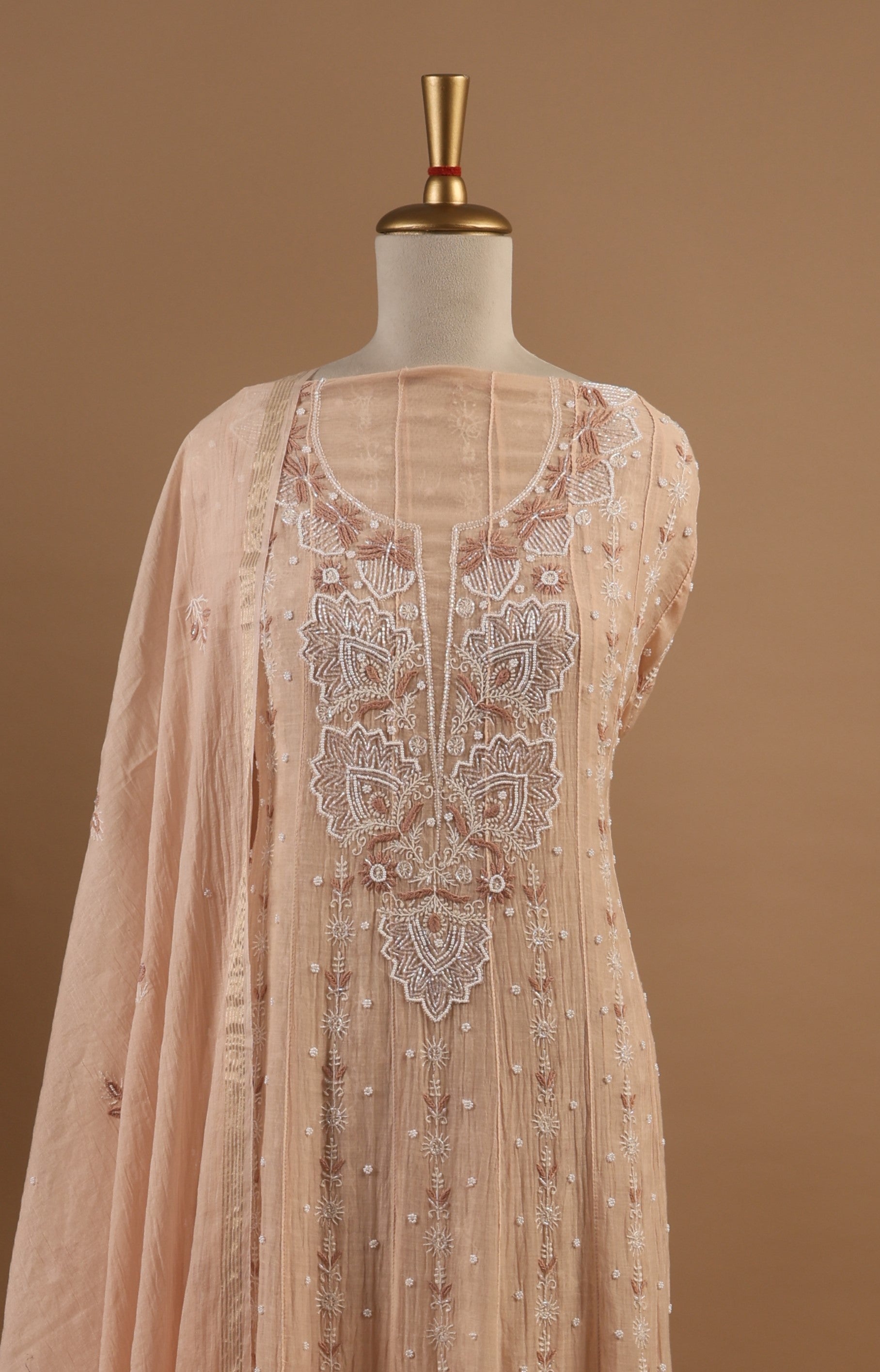Peach Chikankari Anarkali Unstitched 2-Piece Suit Set in Mul Chanderi