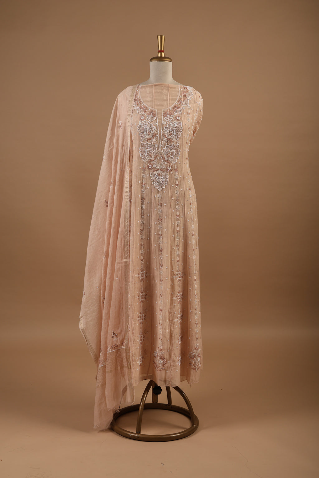 Peach Chikankari Anarkali Unstitched 2-Piece Suit Set in Mul Chanderi