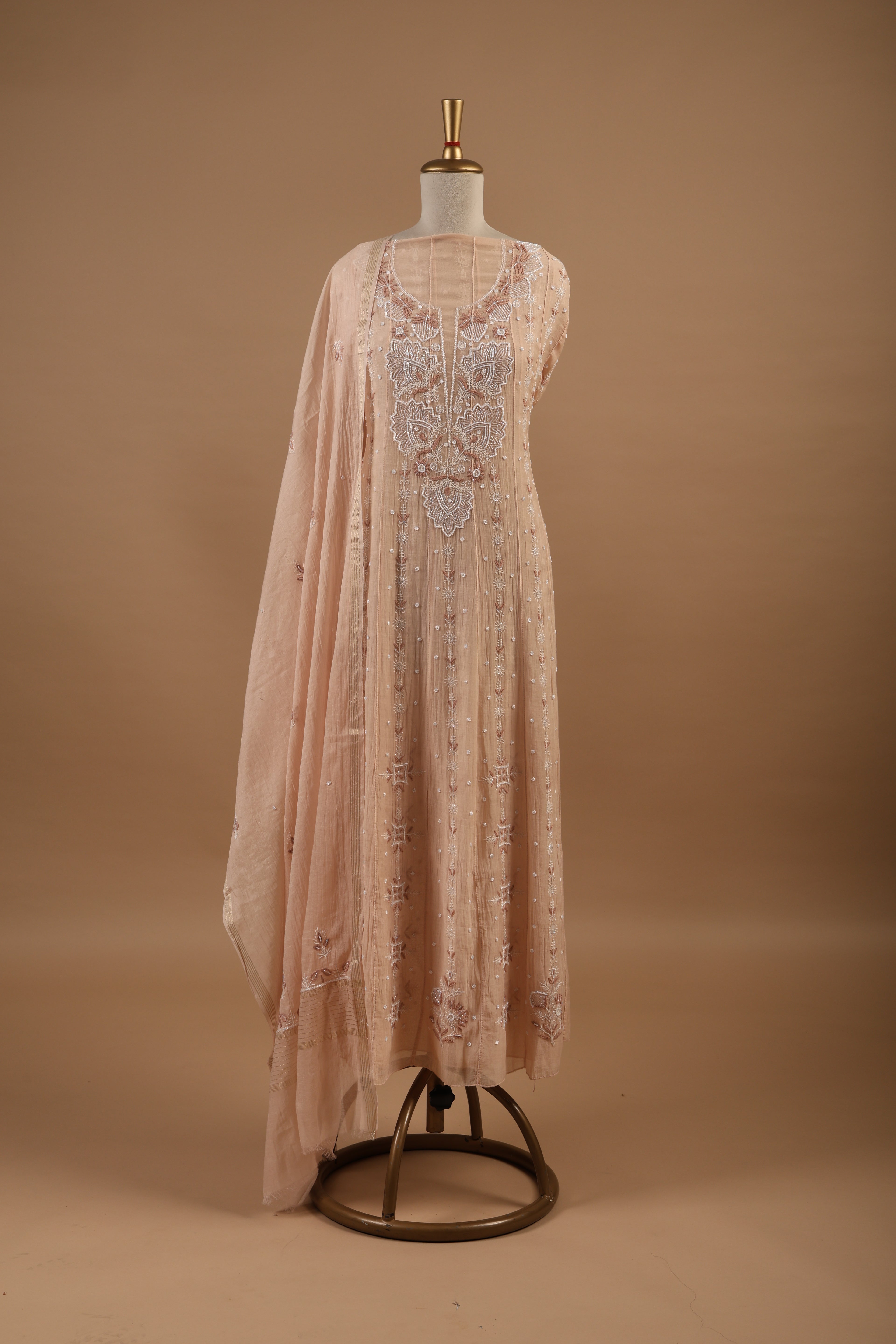 Peach Chikankari Anarkali Unstitched 2-Piece Suit Set in Mul Chanderi