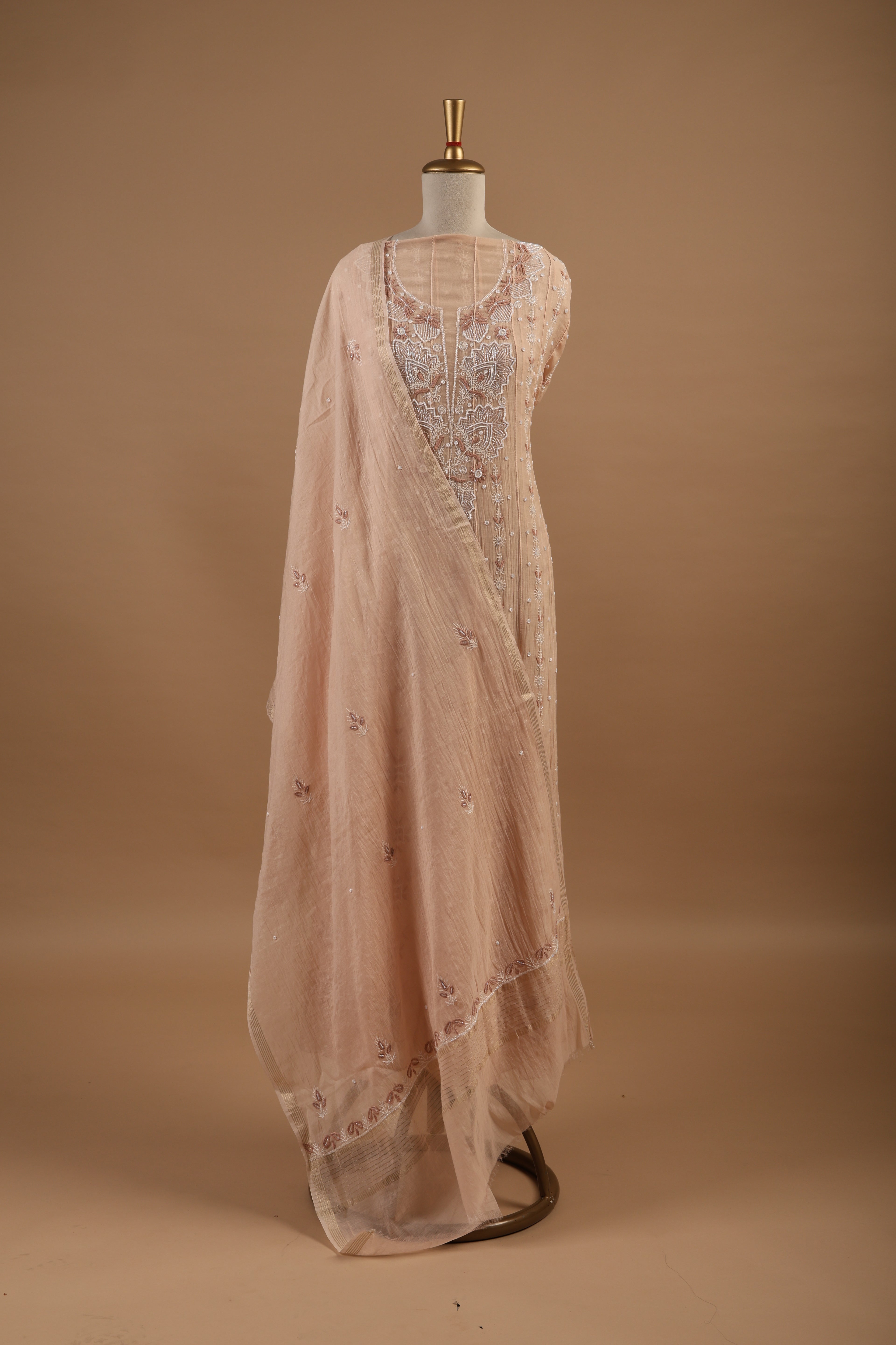 Peach Chikankari Anarkali Unstitched 2-Piece Suit Set in Mul Chanderi