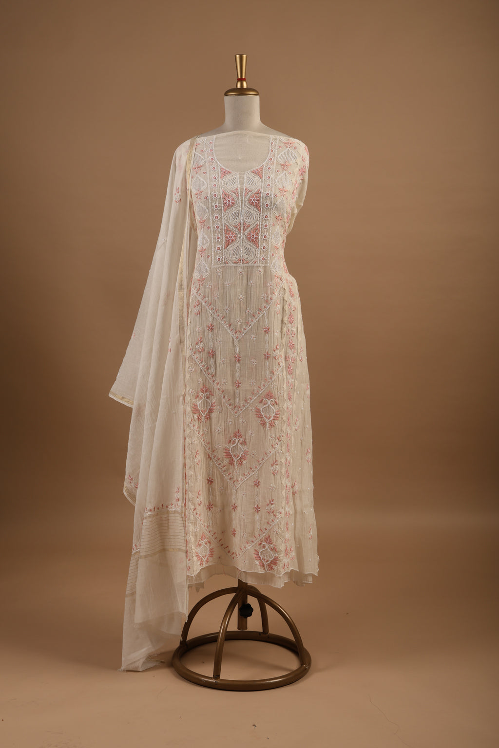 White Unstitched 2-Piece Suit Set with Peach Chikankari Embroidery in Mul Chanderi