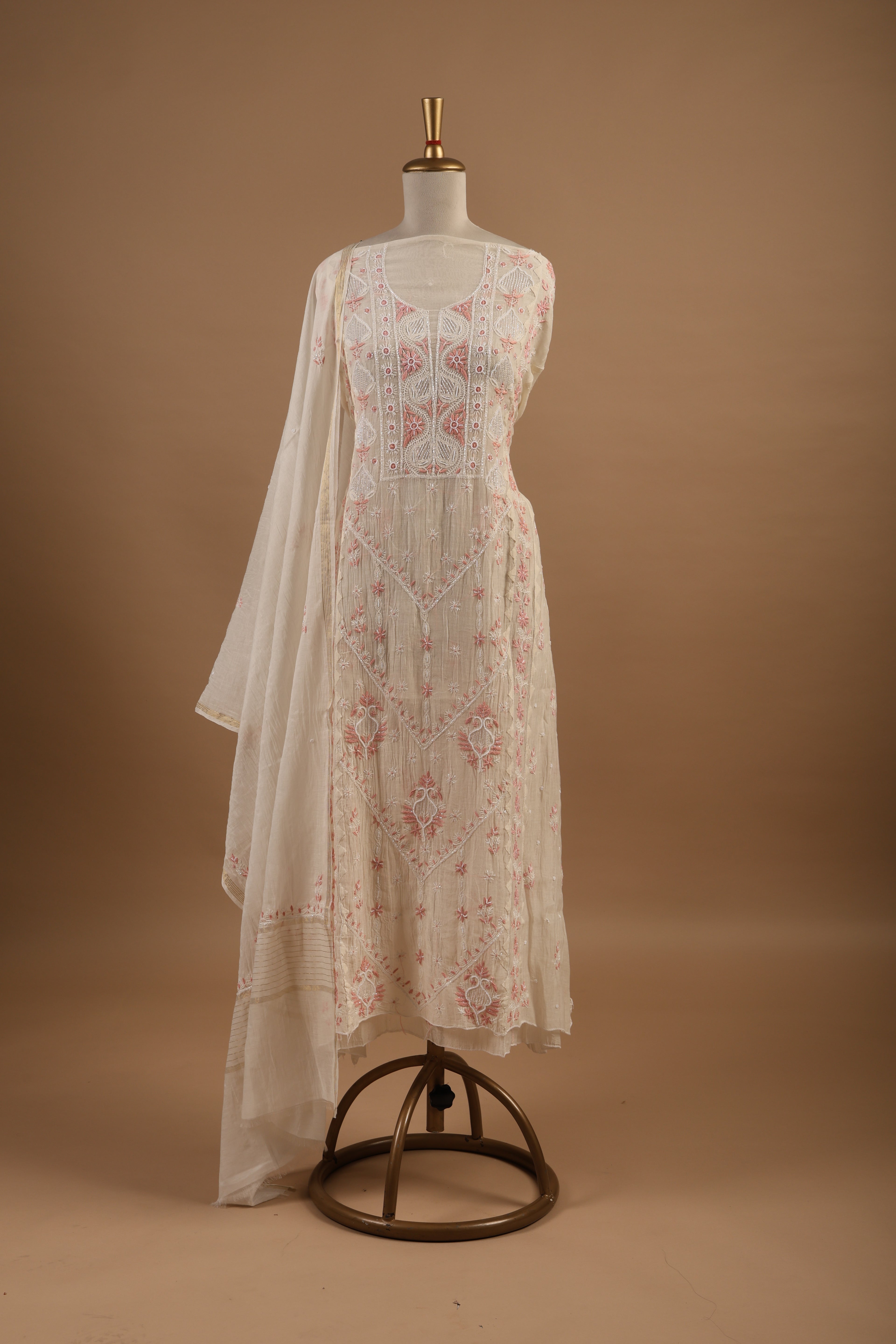White Unstitched 2-Piece Suit Set with Peach Chikankari Embroidery in Mul Chanderi