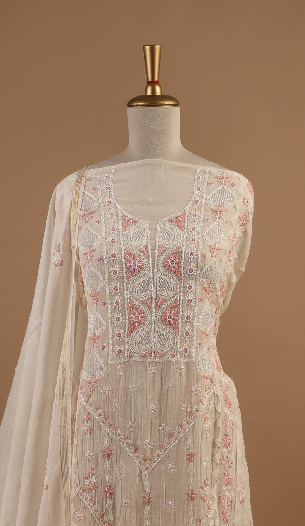 White Unstitched 2-Piece Suit Set with Peach Chikankari Embroidery in Mul Chanderi