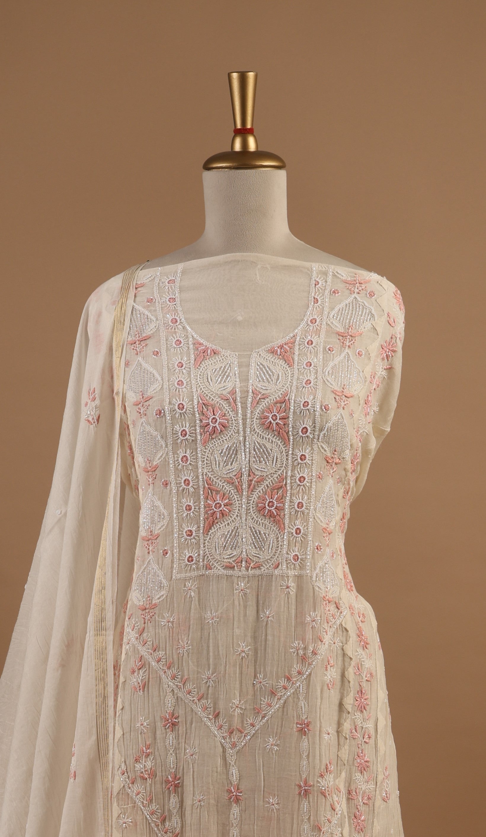 White Unstitched 2-Piece Suit Set with Peach Chikankari Embroidery in Mul Chanderi