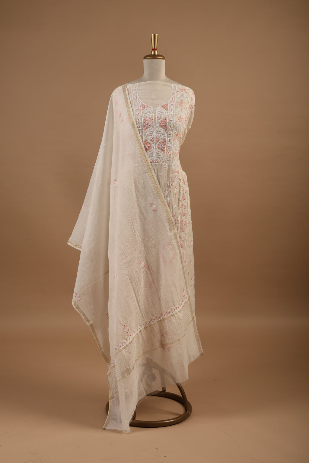 White Unstitched 2-Piece Suit Set with Peach Chikankari Embroidery in Mul Chanderi