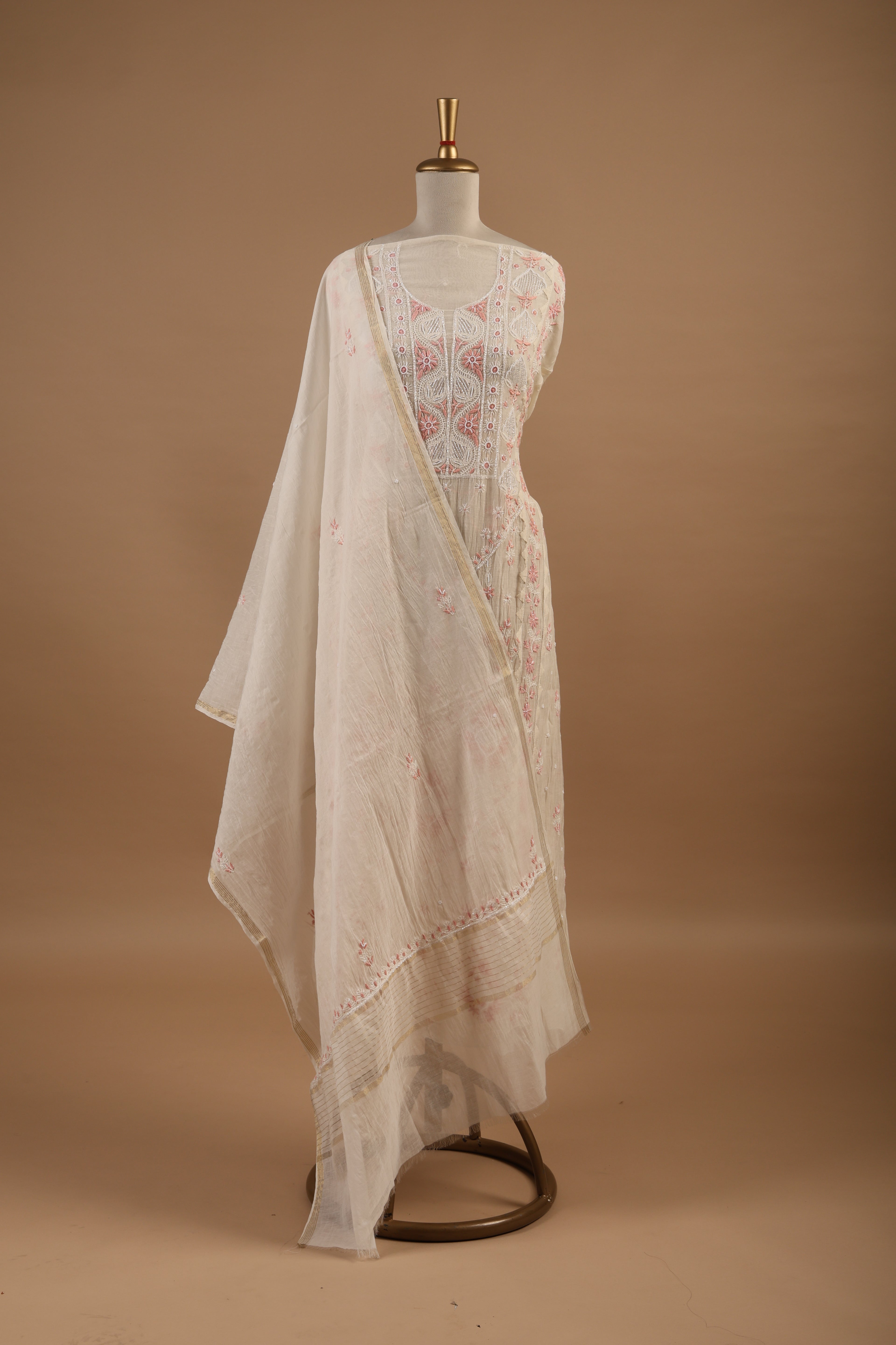 White Unstitched 2-Piece Suit Set with Peach Chikankari Embroidery in Mul Chanderi