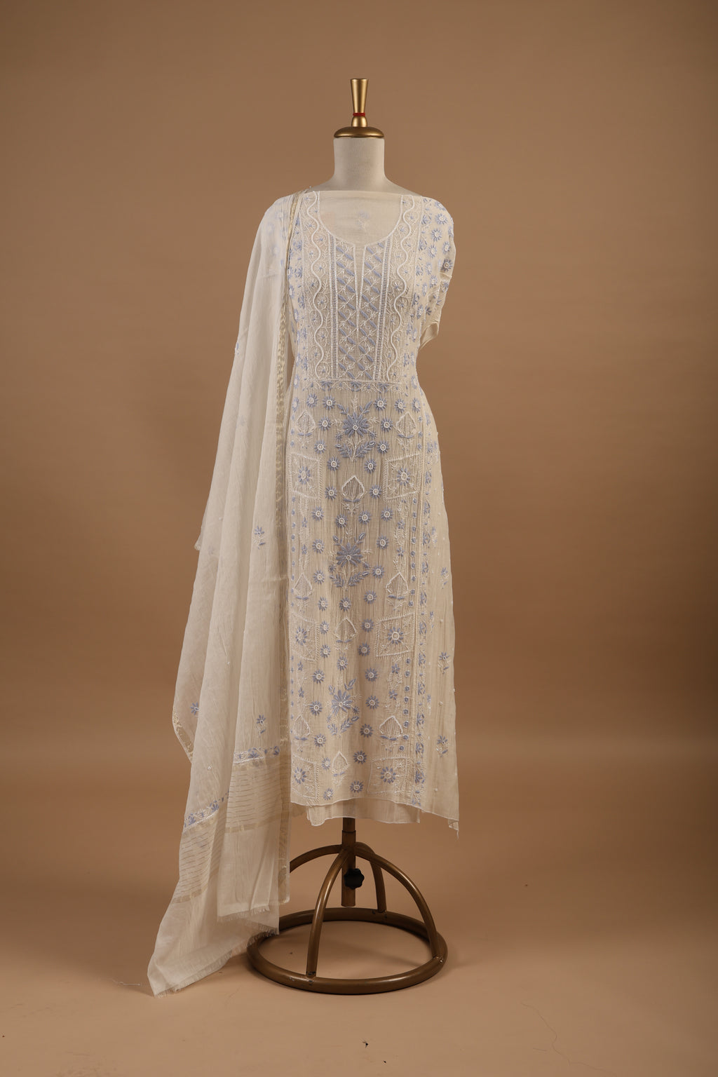 White Unstitched 2-Piece Suit Set with Blue Chikankari Embroidery in Mul Chanderi