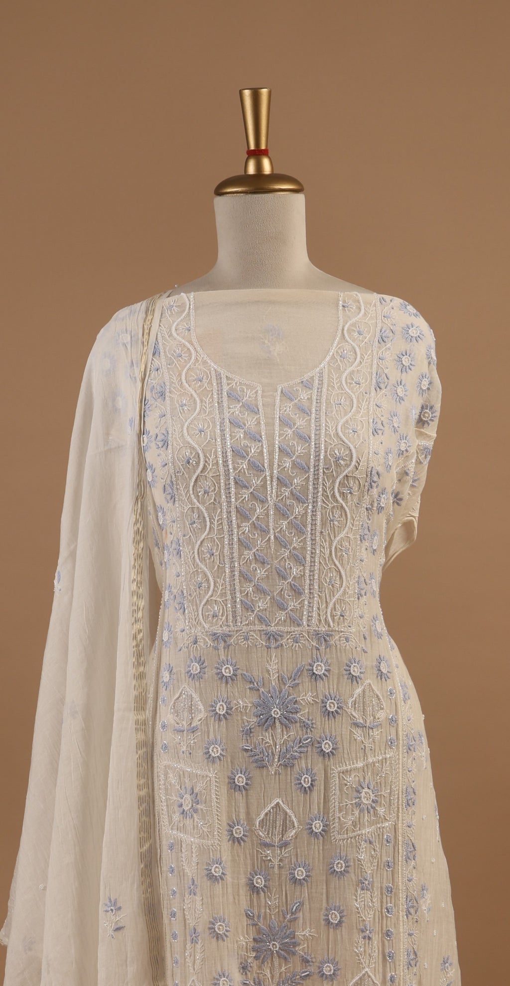 White Unstitched 2-Piece Suit Set with Blue Chikankari Embroidery in Mul Chanderi