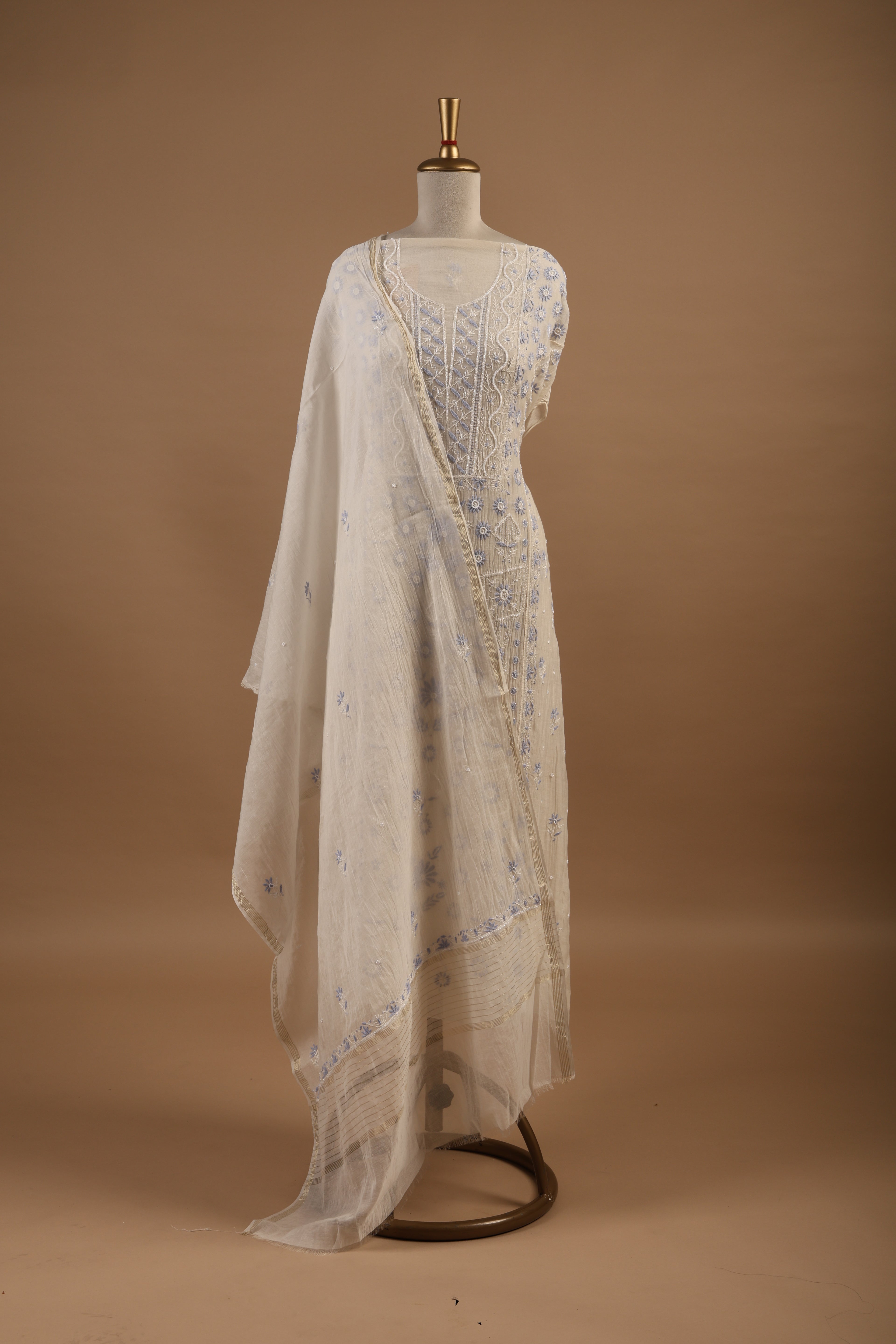 White Unstitched 2-Piece Suit Set with Blue Chikankari Embroidery in Mul Chanderi