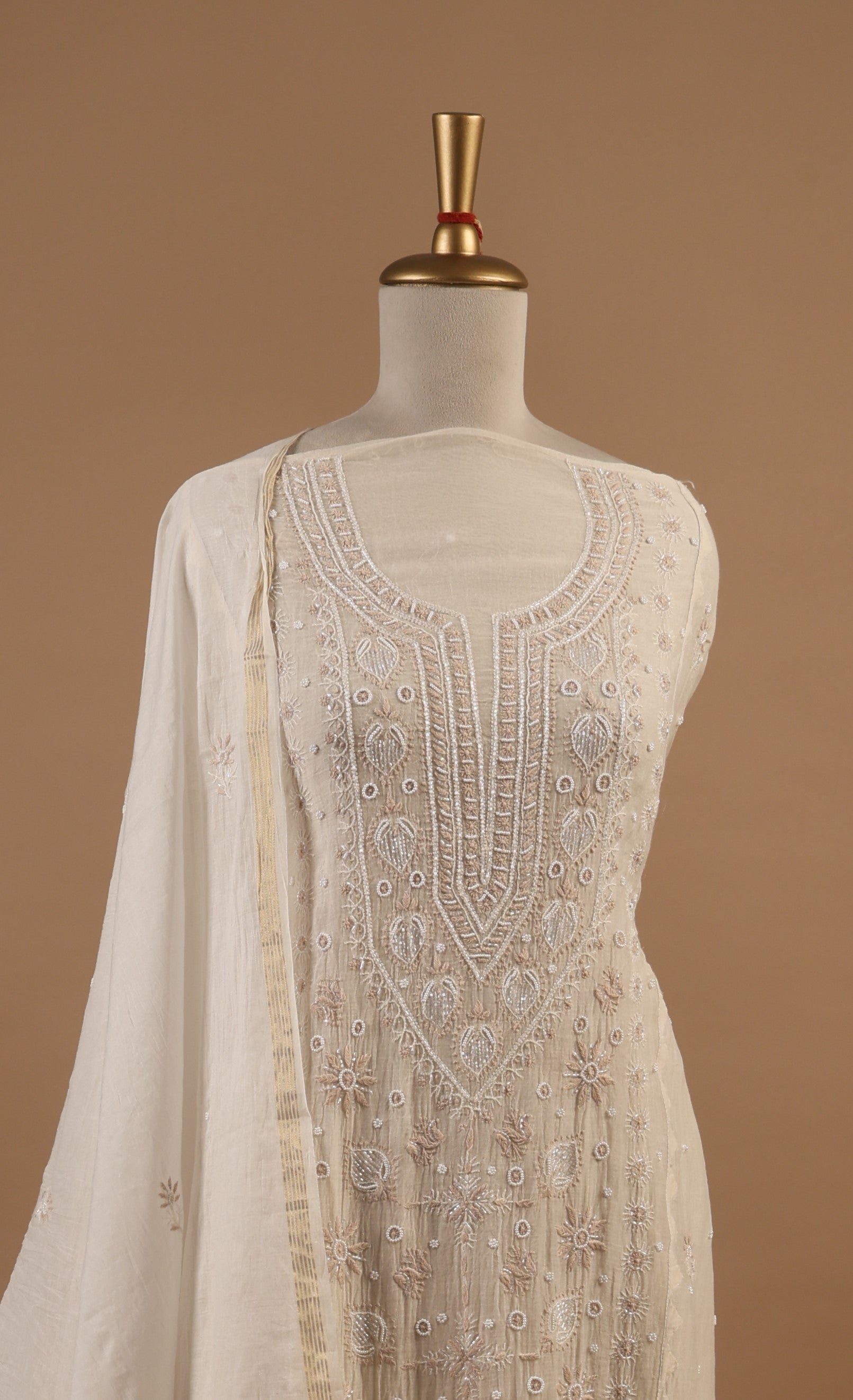 White  Unstitched 2-Piece Suit Set with Light Brown Chikankari Embroidery in Mul Chanderi