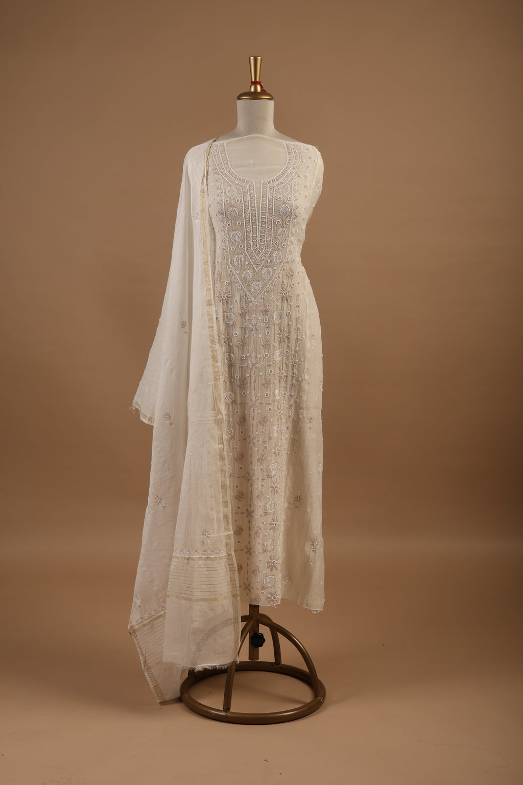 White  Unstitched 2-Piece Suit Set with Light Brown Chikankari Embroidery in Mul Chanderi