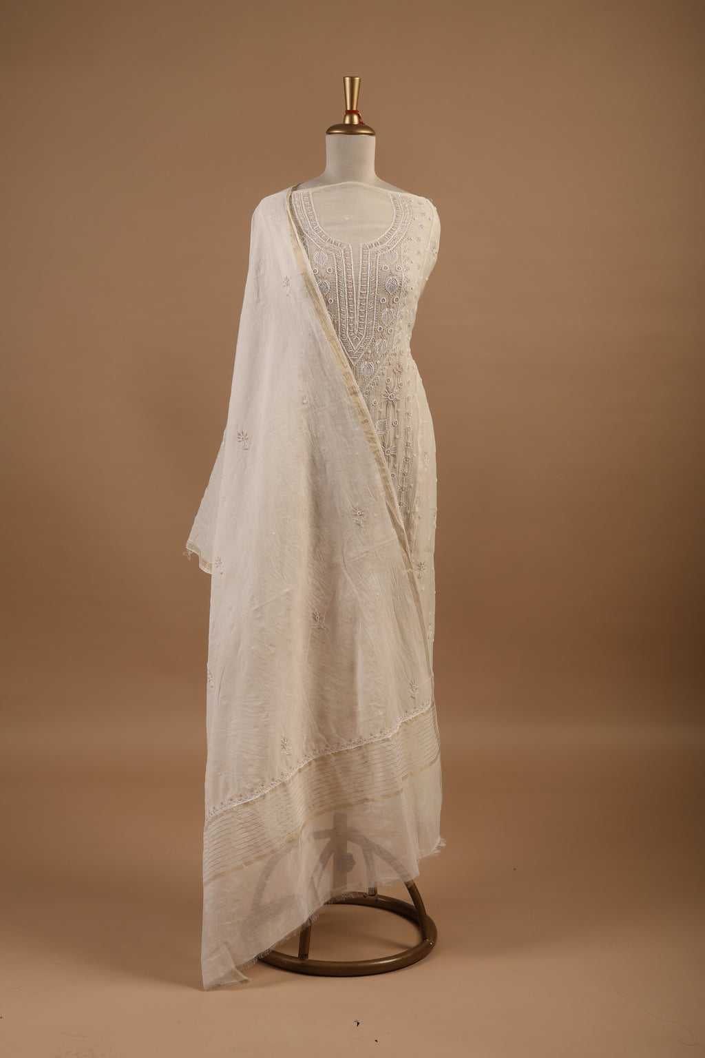 White  Unstitched 2-Piece Suit Set with Light Brown Chikankari Embroidery in Mul Chanderi