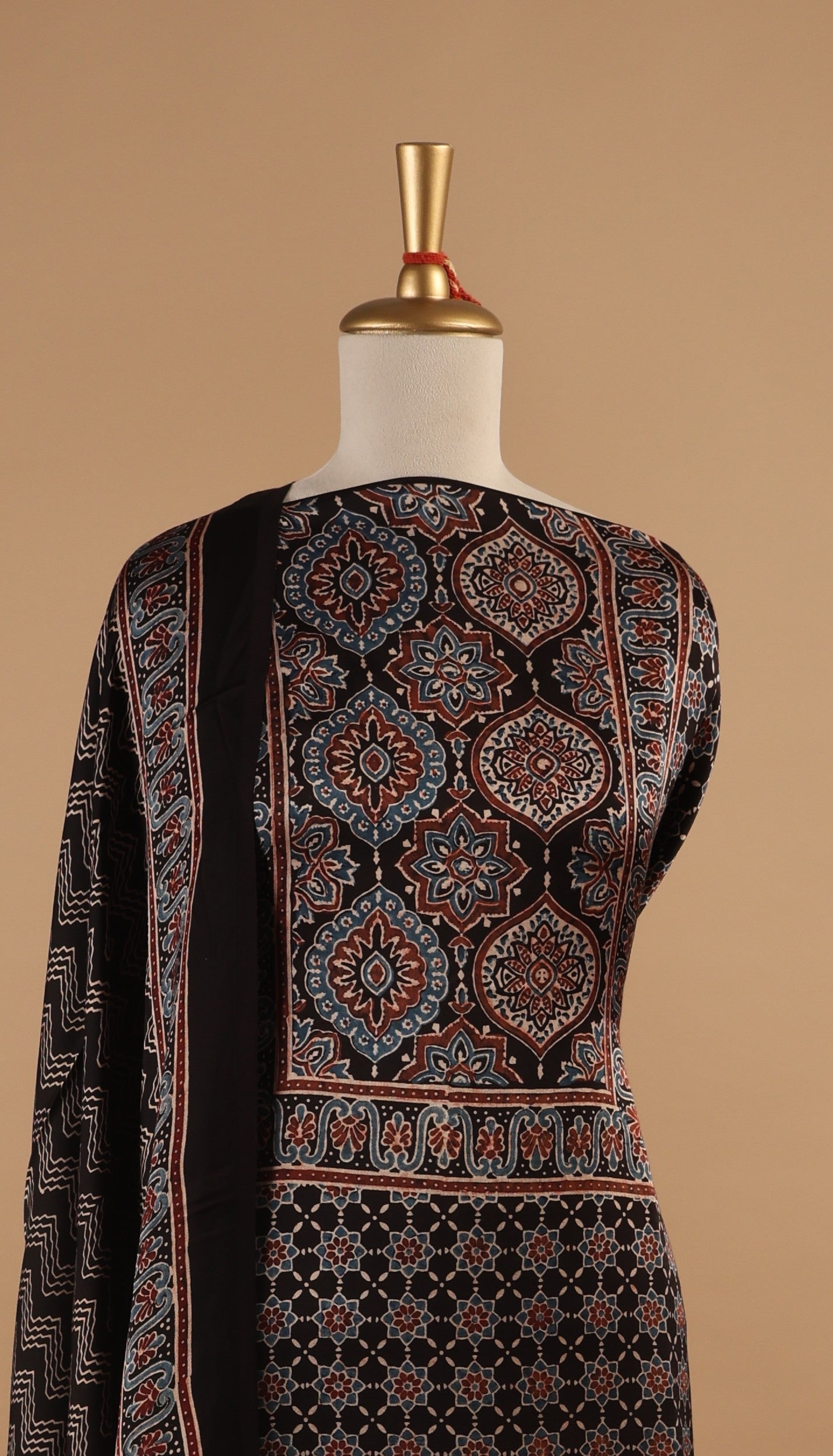 Ajrakh Hand Block Print Unstitched 3-Piece Suit Set in Modal Silk