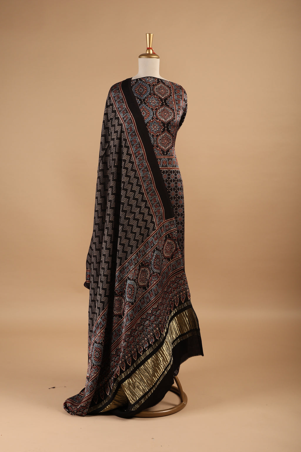Ajrakh Hand Block Print Unstitched 3-Piece Suit Set in Modal Silk