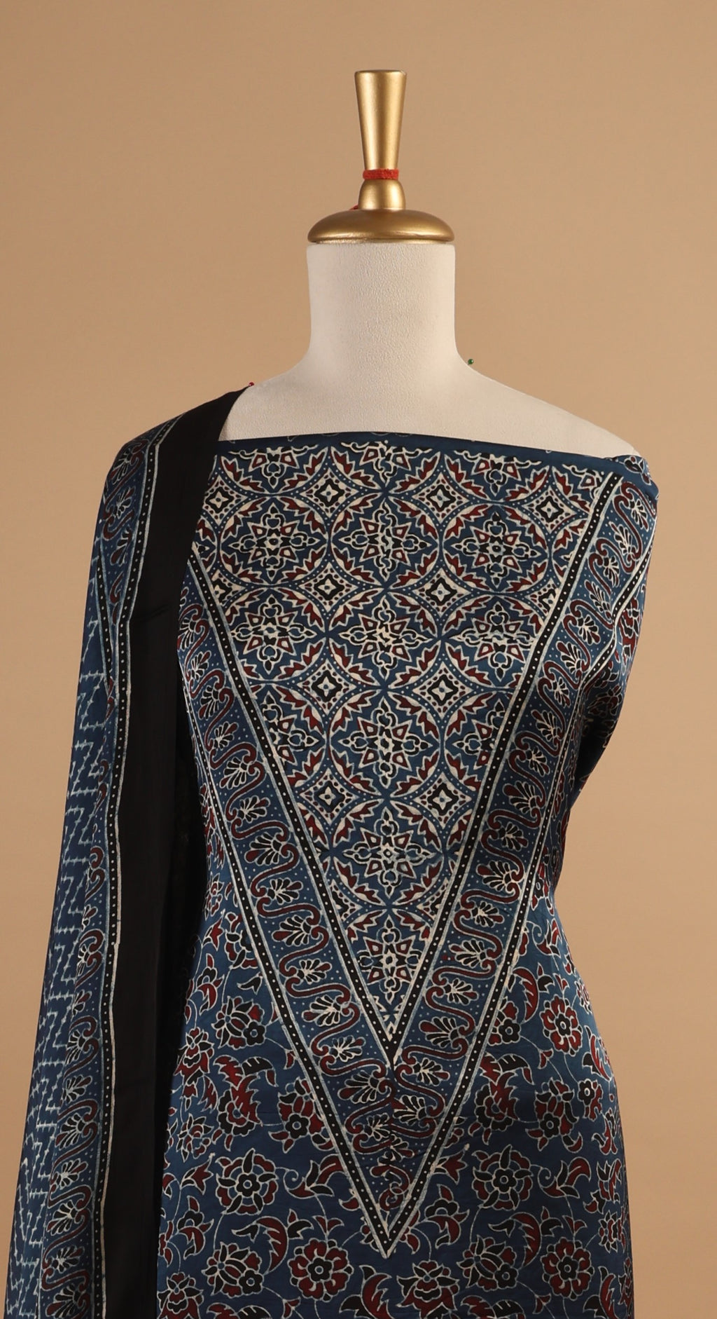 Indigo Ajrakh Hand Block Print Unstitched 3-Piece Suit Set in Modal Satin