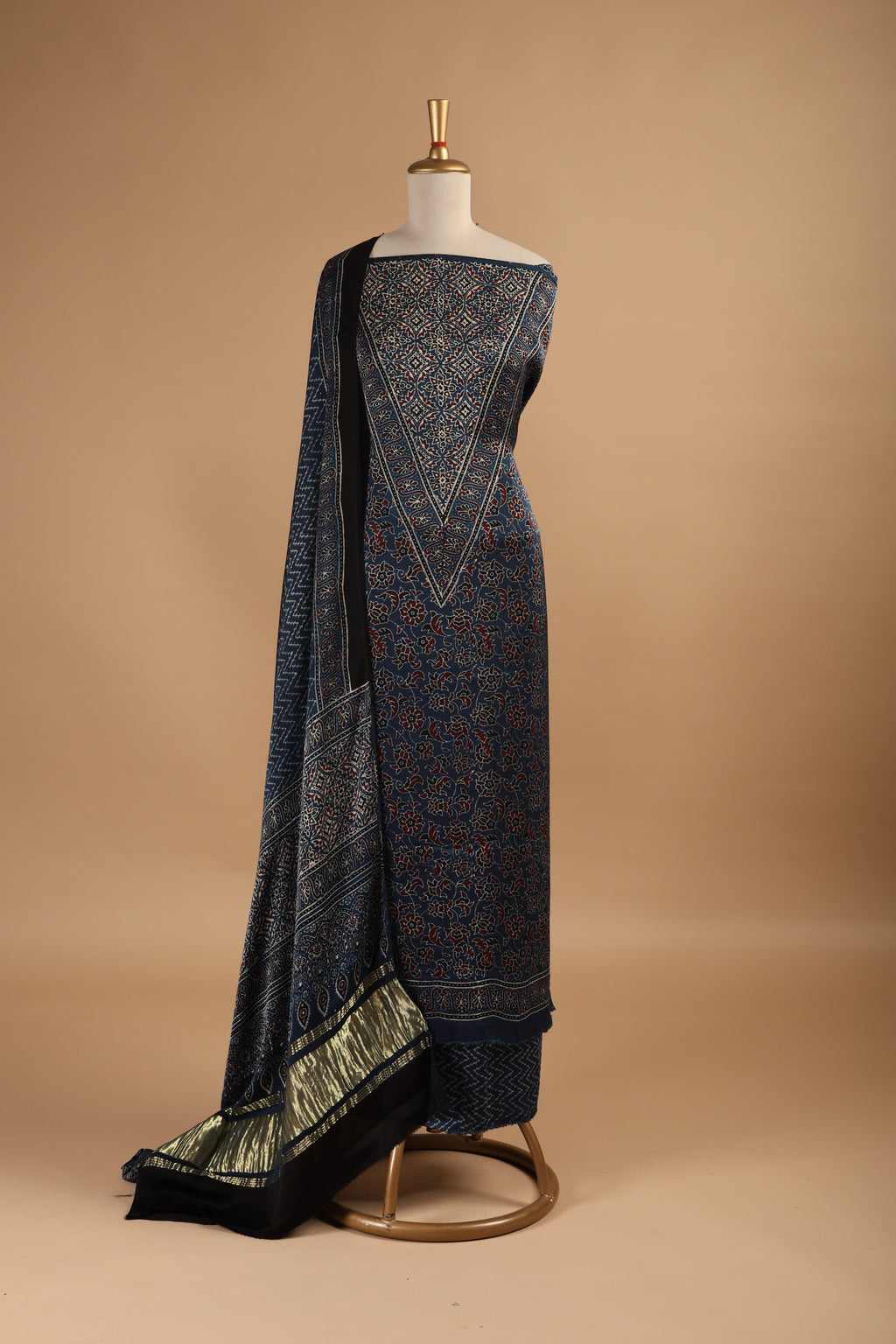 Indigo Ajrakh Hand Block Print Unstitched 3-Piece Suit Set in Modal Satin