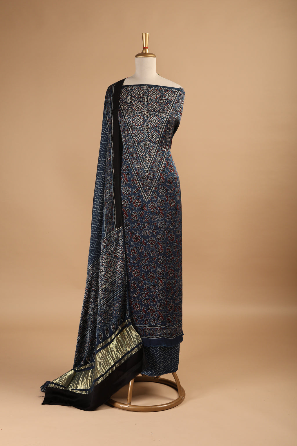 Indigo Ajrakh Hand Block Print Unstitched 3-Piece Suit Set in Modal Satin