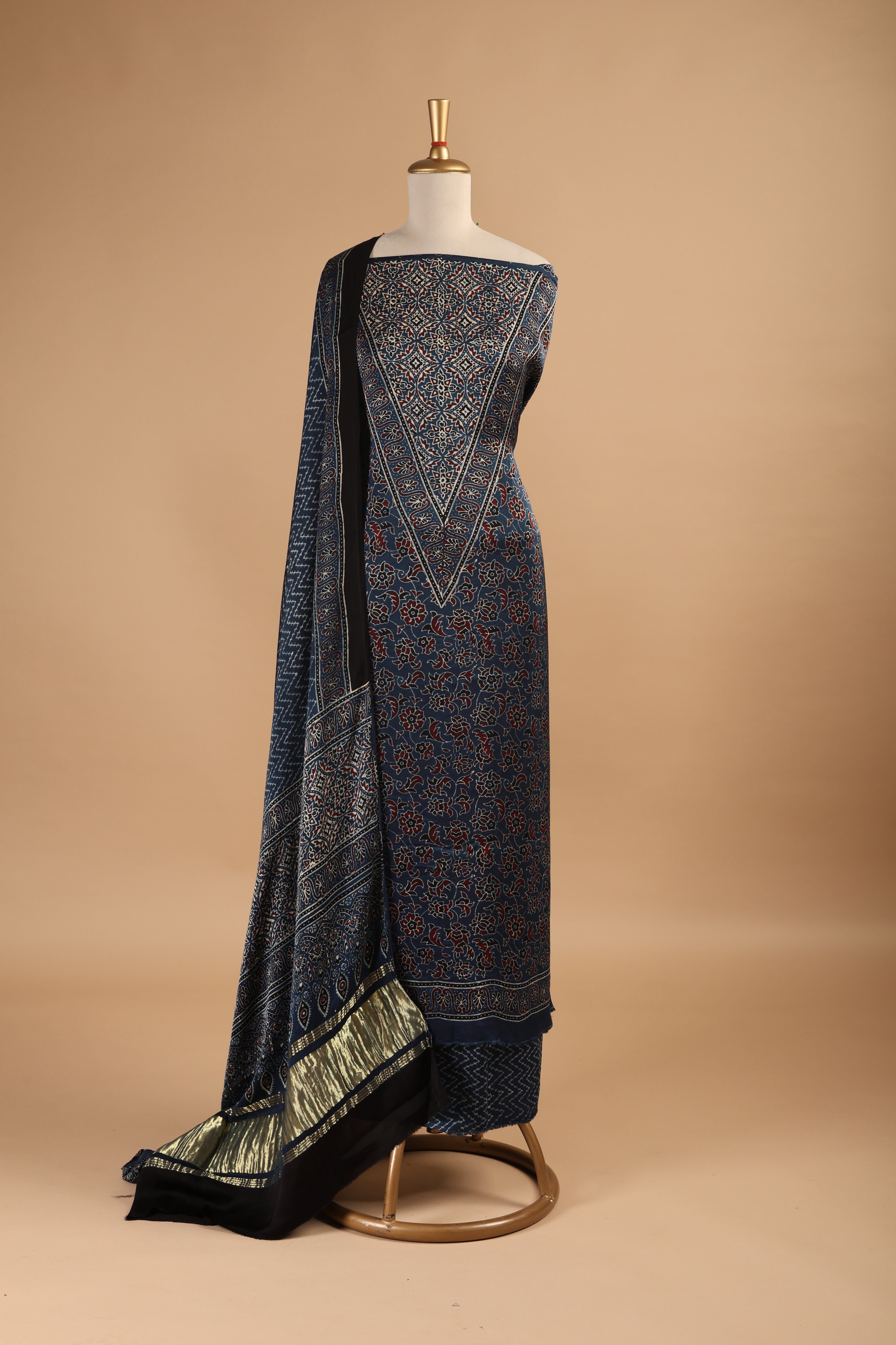 Indigo Ajrakh Hand Block Print Unstitched 3-Piece Suit Set in Modal Satin