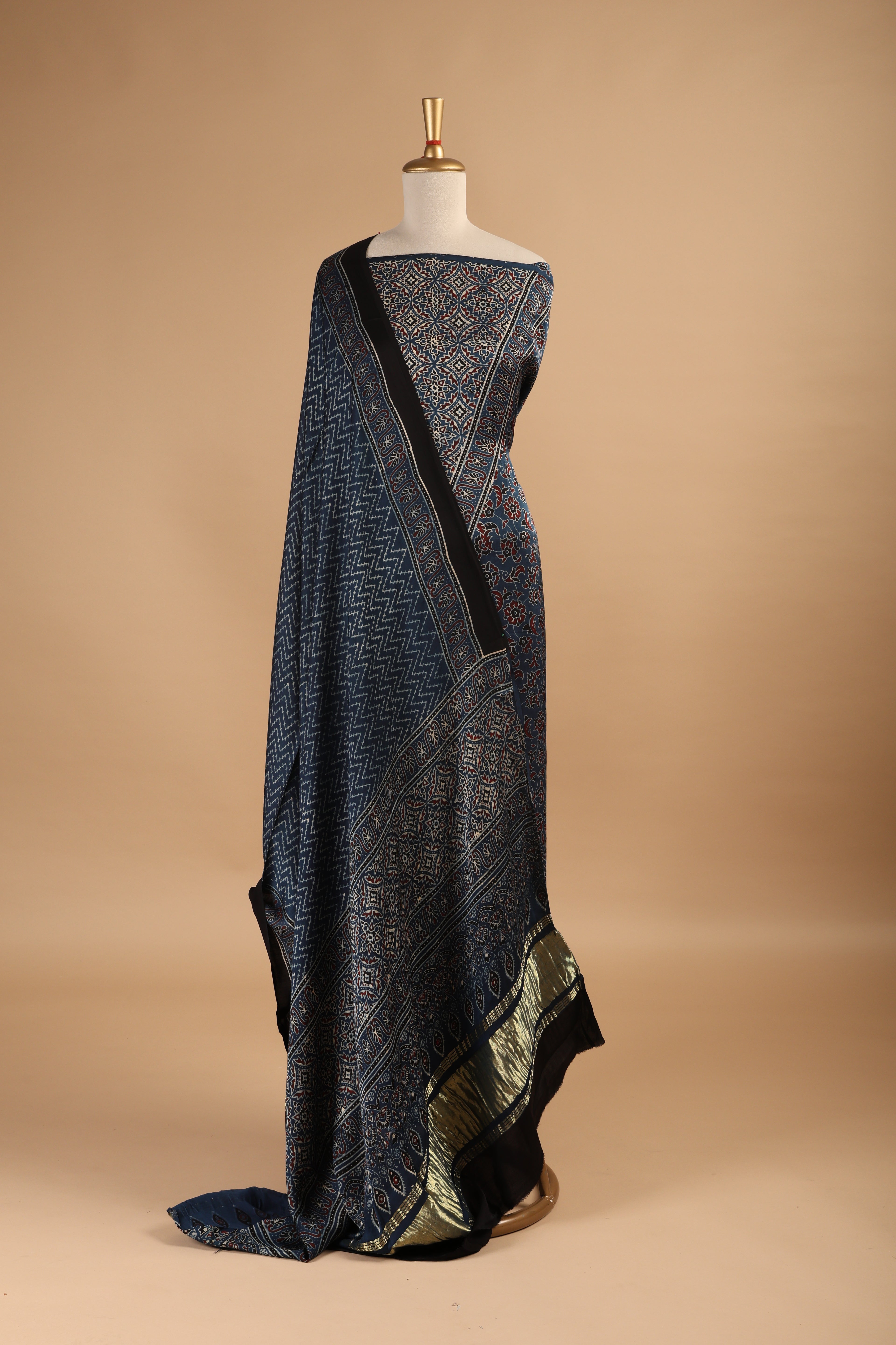 Indigo Ajrakh Hand Block Print Unstitched 3-Piece Suit Set in Modal Satin