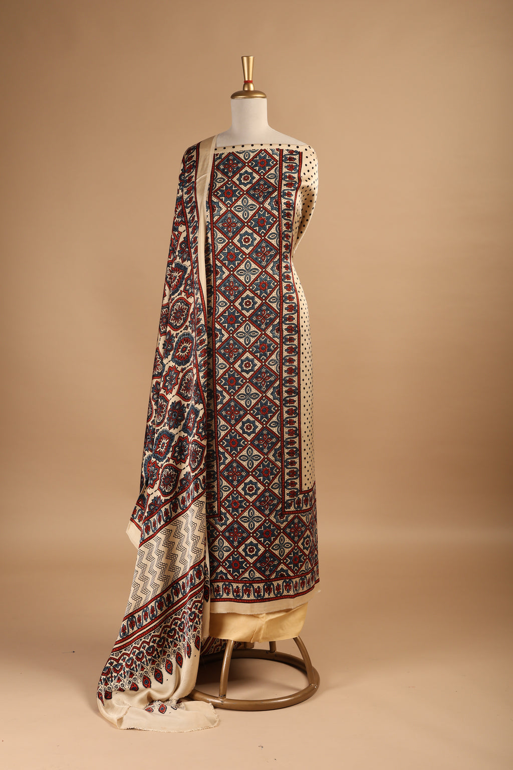 Ivory Ajrakh Hand Block Print Unstitched 3-Piece Suit Set in Modal Satin