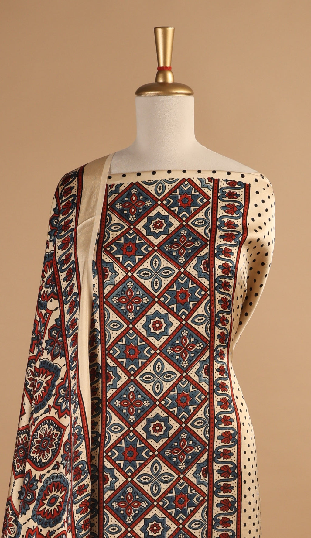 Ivory Ajrakh Hand Block Print Unstitched 3-Piece Suit Set in Modal Satin