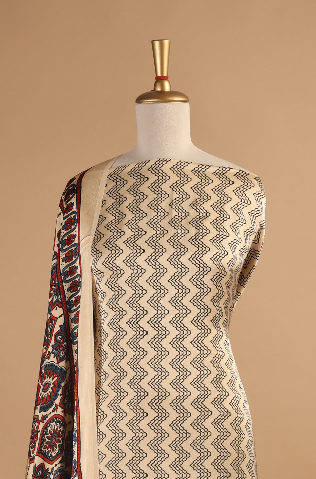 Ivory Hand Block Ajrakh Print Unstitched 3-Piece Suit Set in Modal Satin