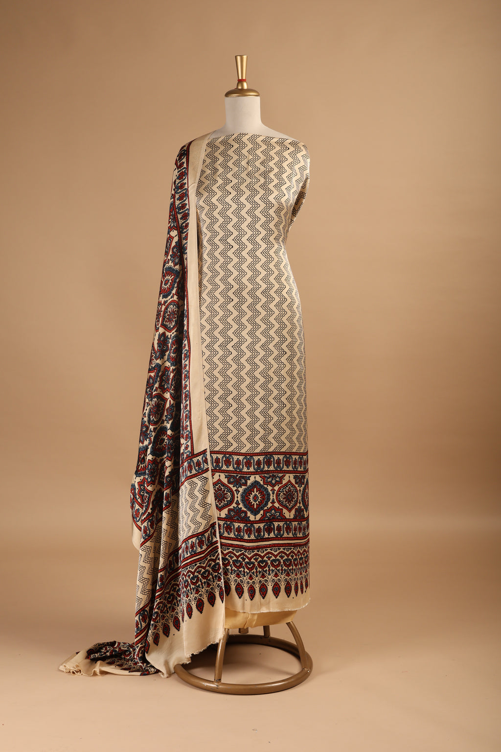 Ivory Hand Block Ajrakh Print Unstitched 3-Piece Suit Set in Modal Satin