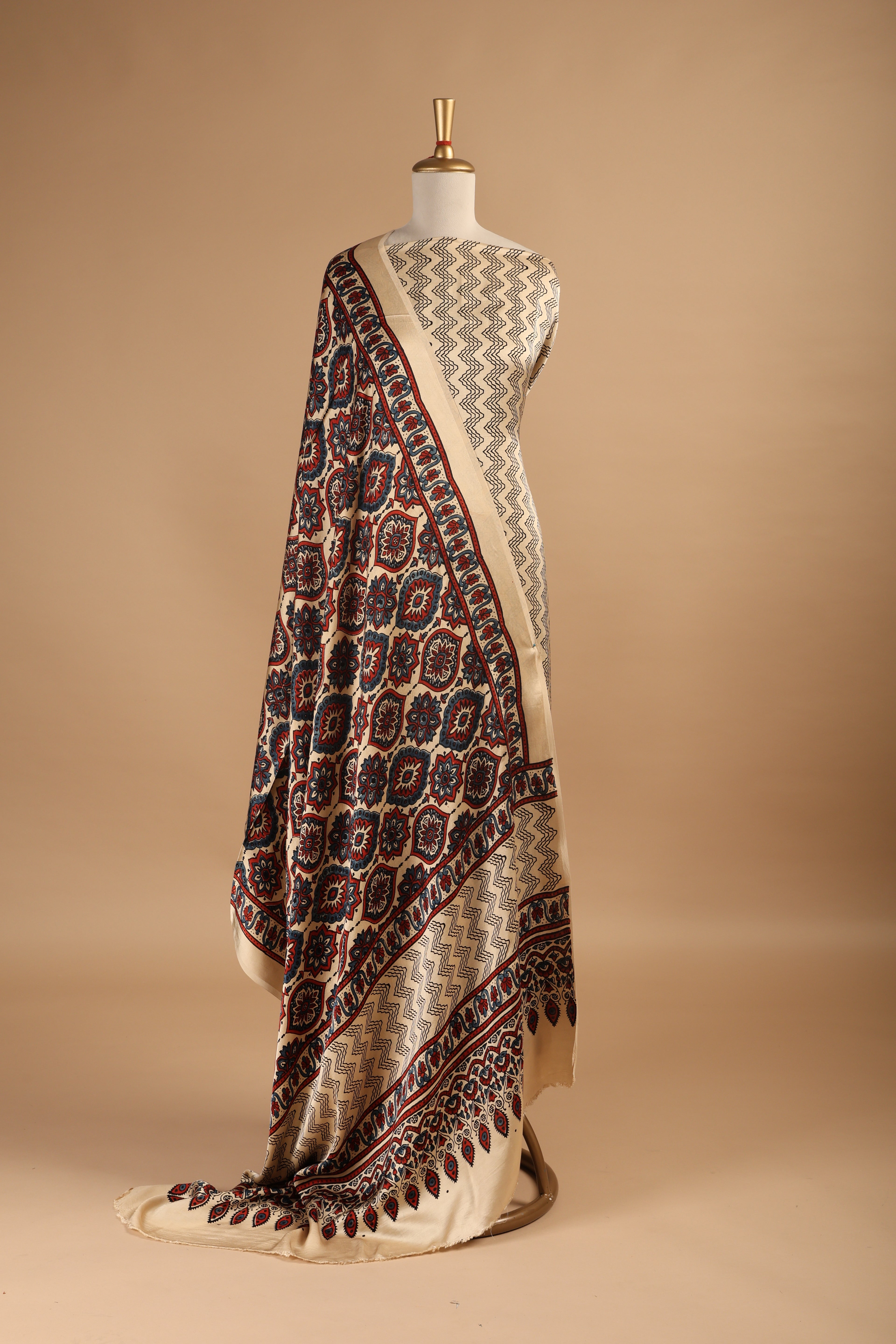 Ivory Hand Block Ajrakh Print Unstitched 3-Piece Suit Set in Modal Satin