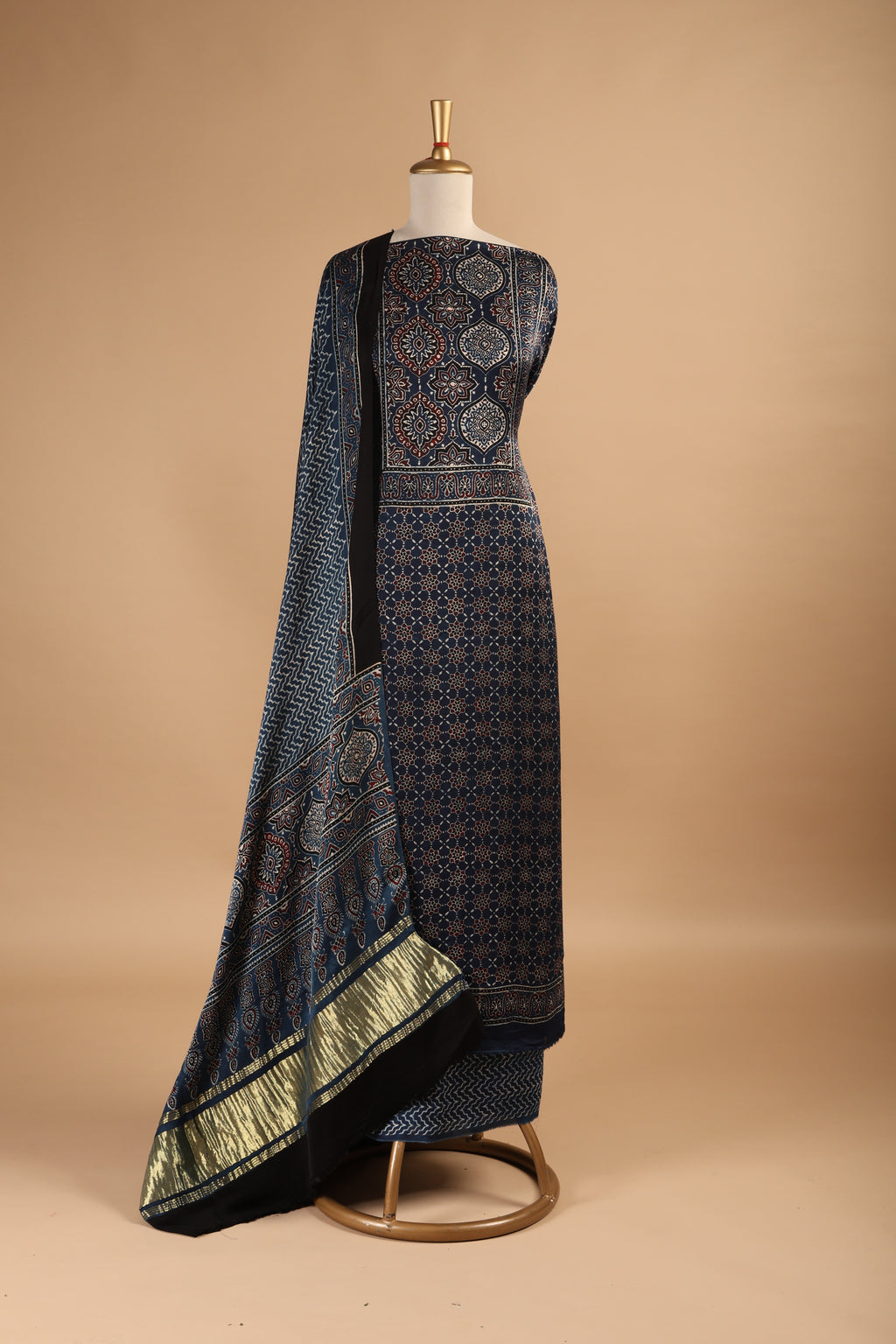 Indigo Hand Block Ajrakh Print Unstitched 3-Piece Suit Set in Modal Satin