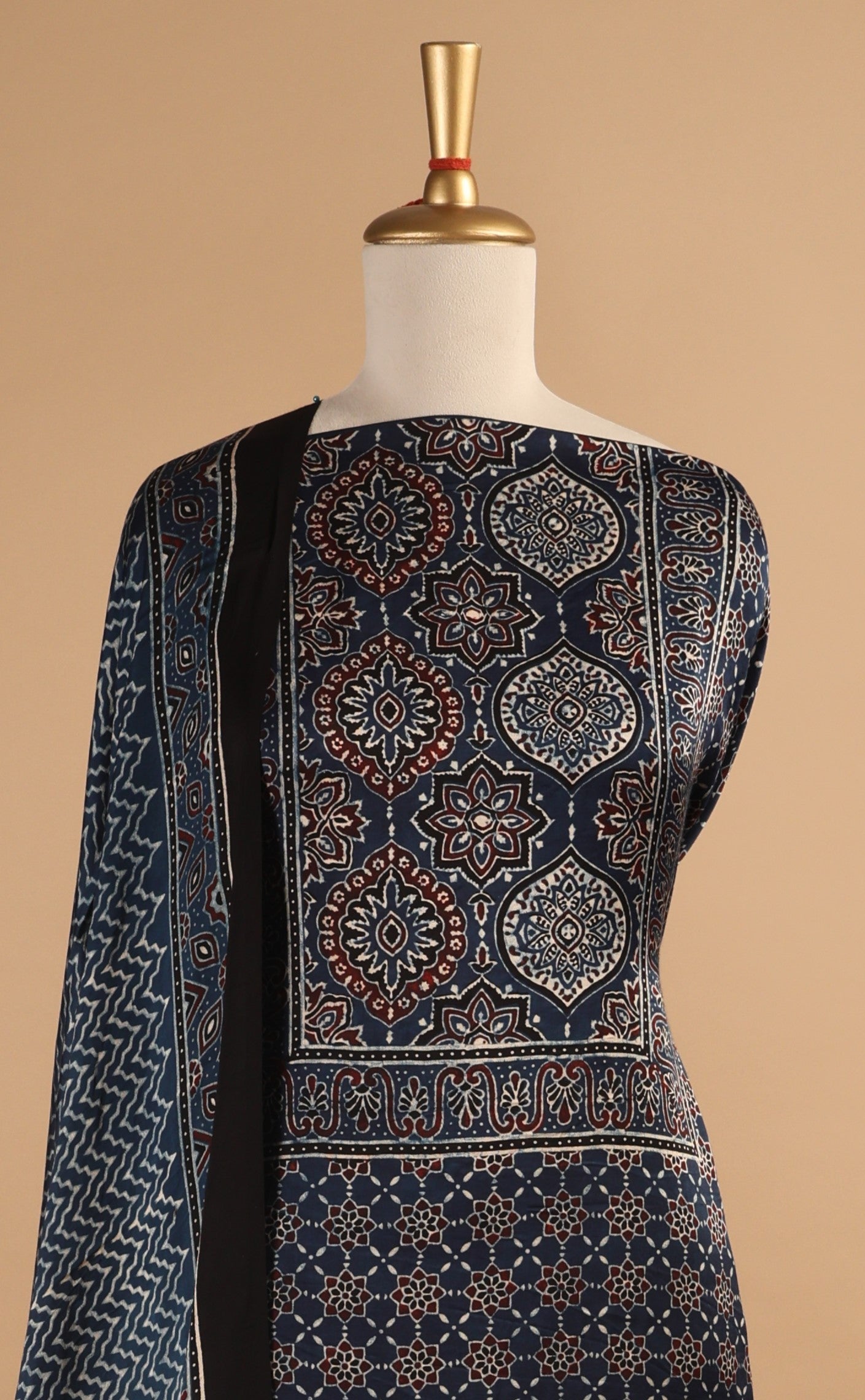 Indigo Hand Block Ajrakh Print Unstitched 3-Piece Suit Set in Modal Satin