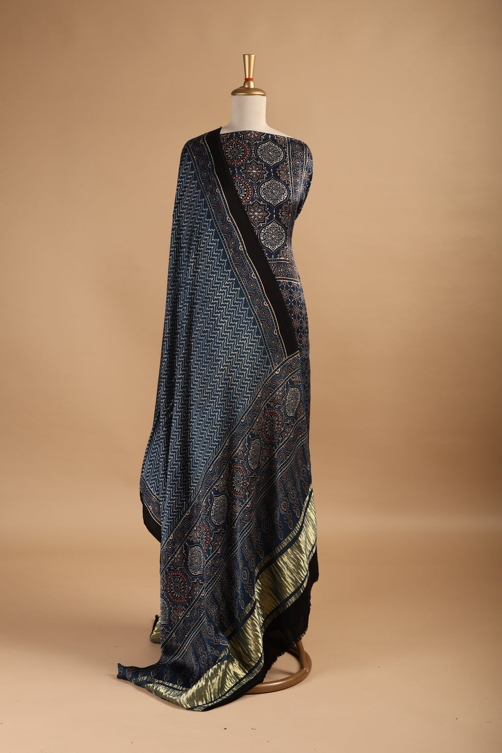 Indigo Hand Block Ajrakh Print Unstitched 3-Piece Suit Set in Modal Satin