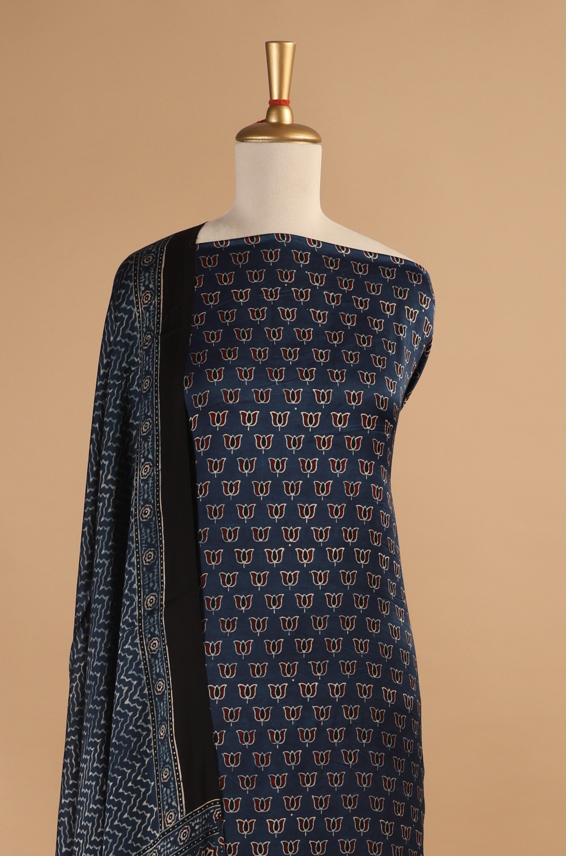 Indigo Ajrakh Hand Block Print Unstitched 3-Piece Suit Set in Modal Satin Fabric
