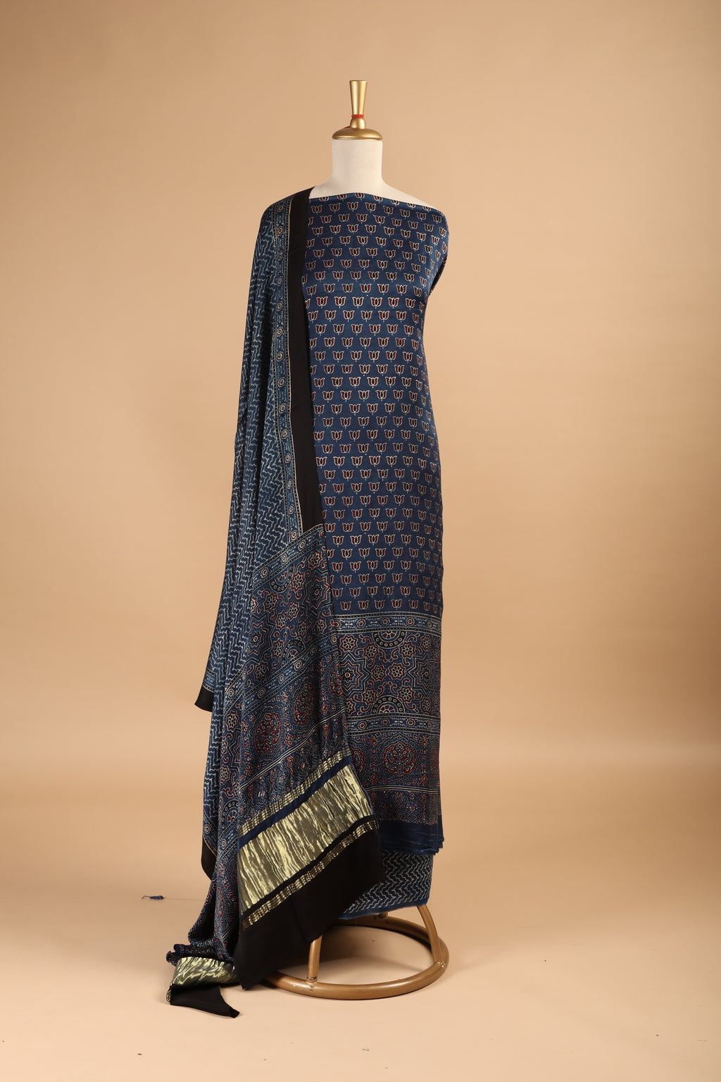 Indigo Ajrakh Hand Block Print Unstitched 3-Piece Suit Set in Modal Satin Fabric