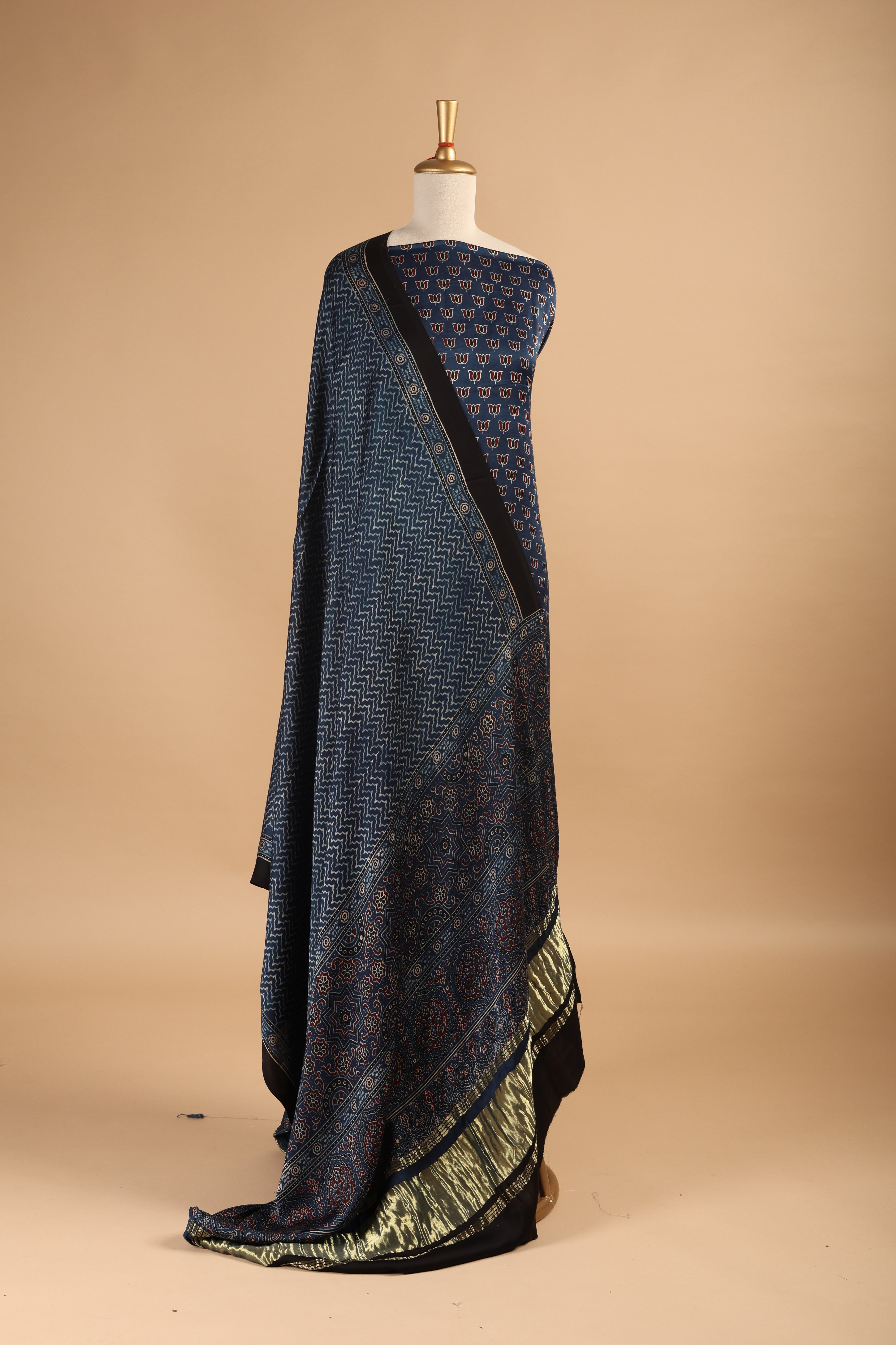 Indigo Ajrakh Hand Block Print Unstitched 3-Piece Suit Set in Modal Satin Fabric
