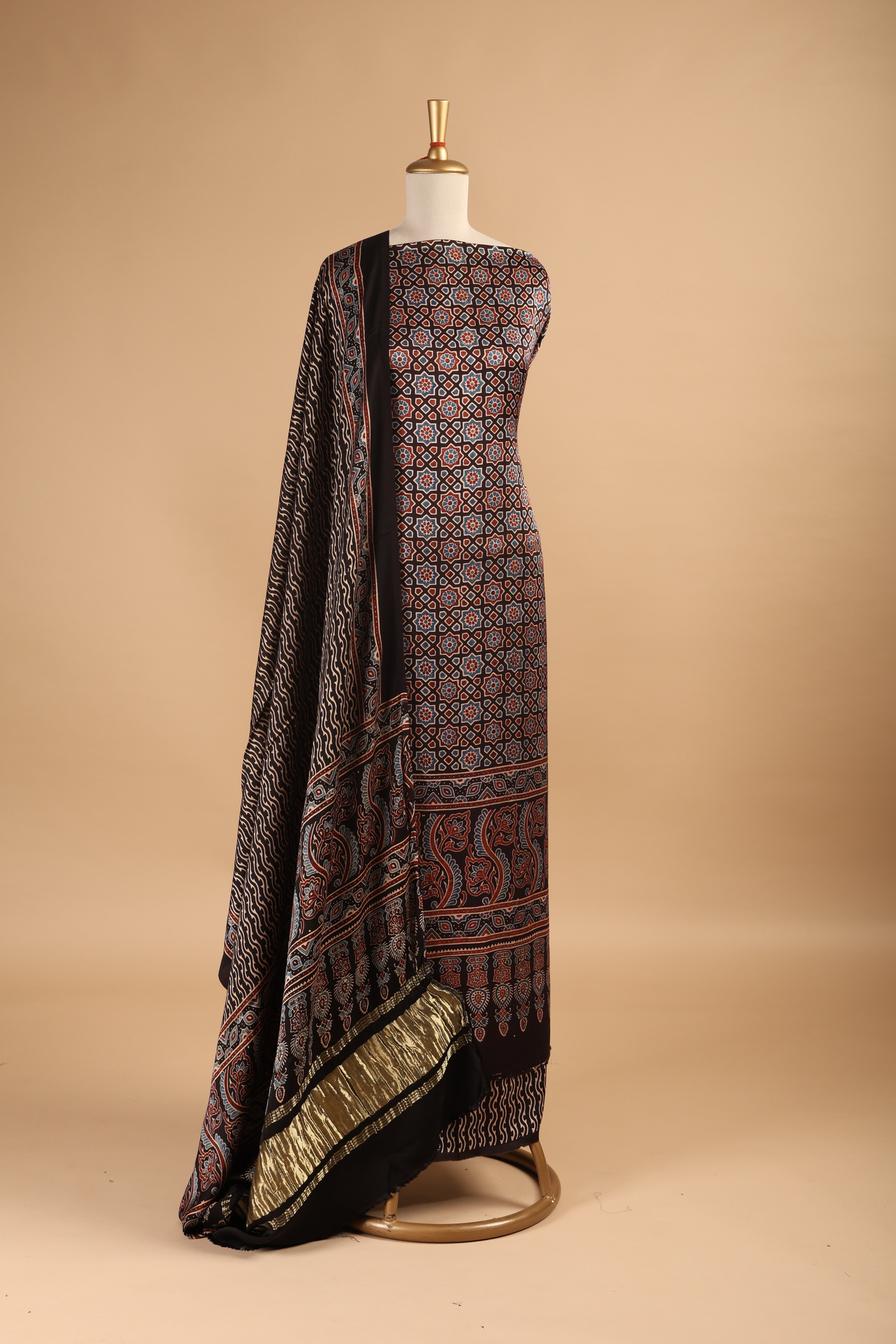 Black Ajrakh Hand Block Print Unstitched 3-Piece Suit Set in Modal Satin