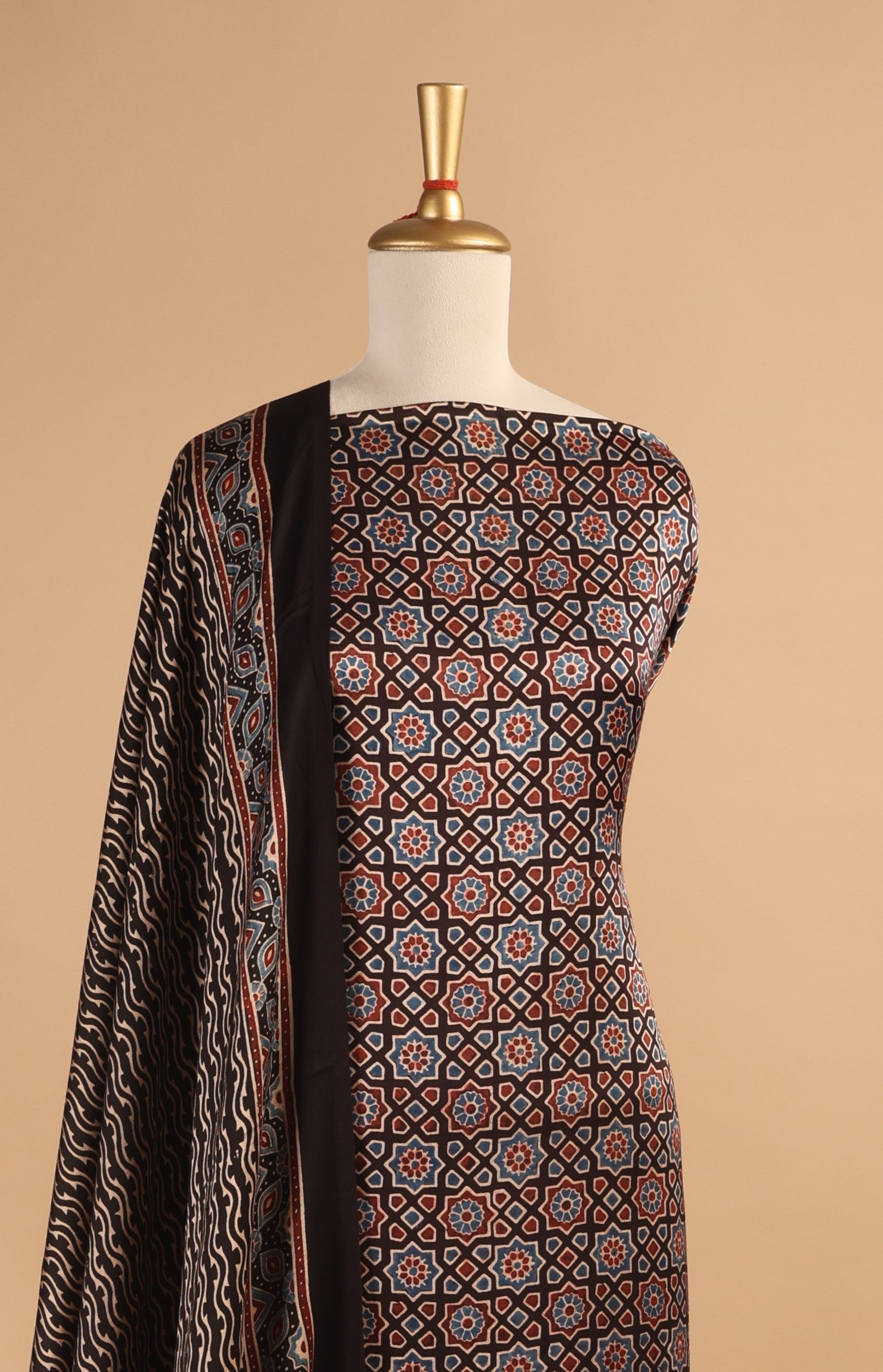 Black Ajrakh Hand Block Print Unstitched 3-Piece Suit Set in Modal Satin